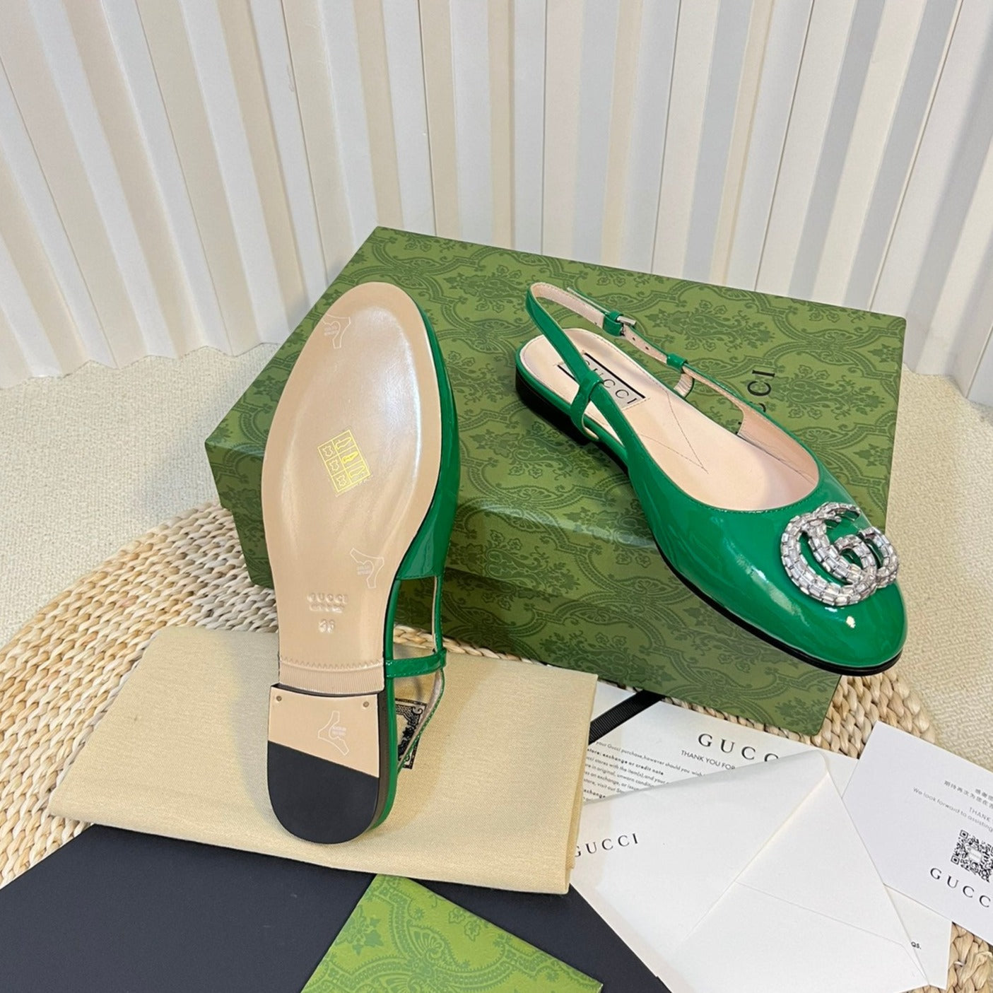 GG Double G patent leather slingback ballet flats Glossy Forest Green