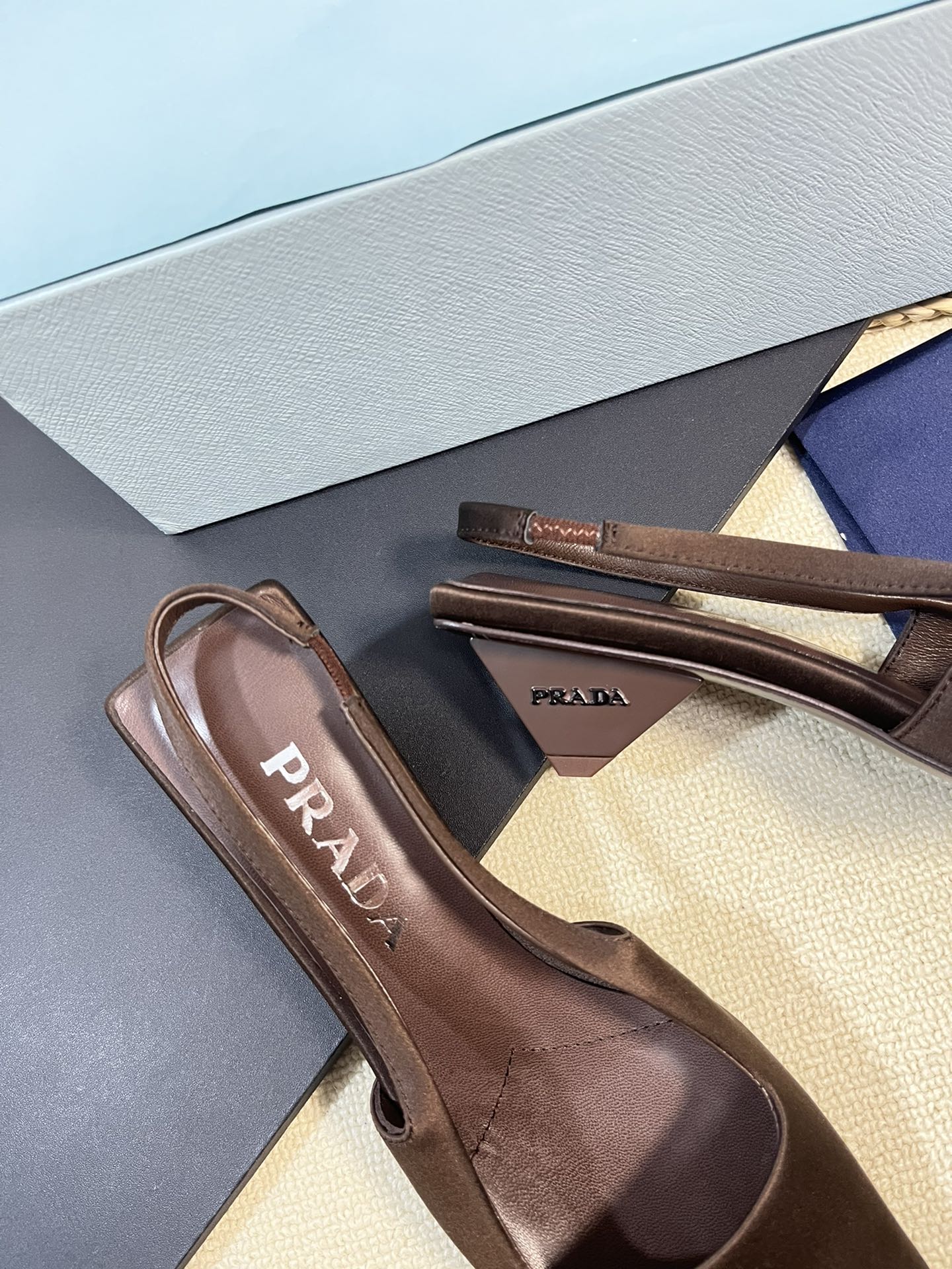 PRA SQUARE TOE SLINGBACK PUMPS CHOCOLATE SATIN