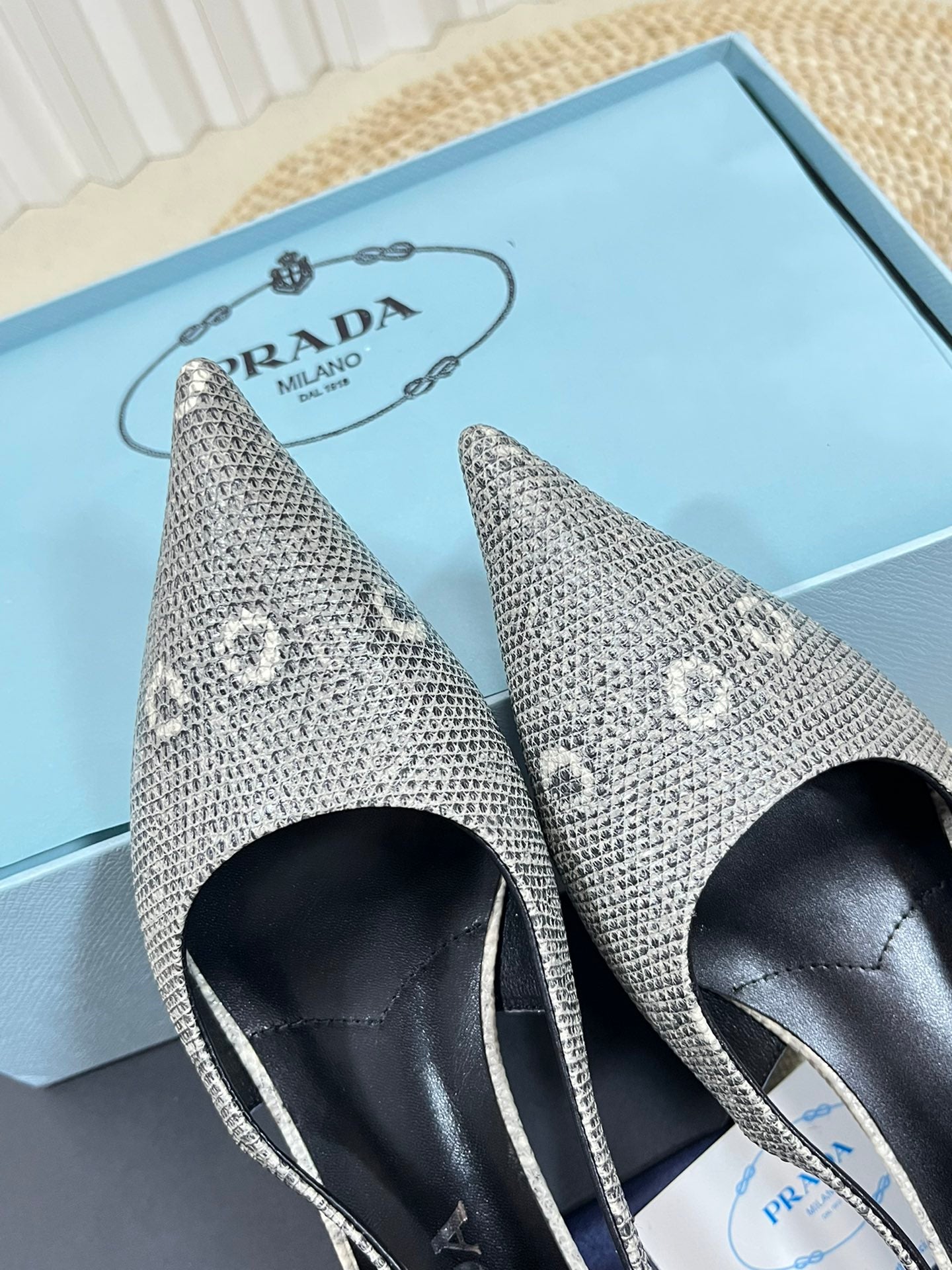 PRA POINTED TOE SLINGBACK PUMPS SNAKESKIN MOTIF SATIN