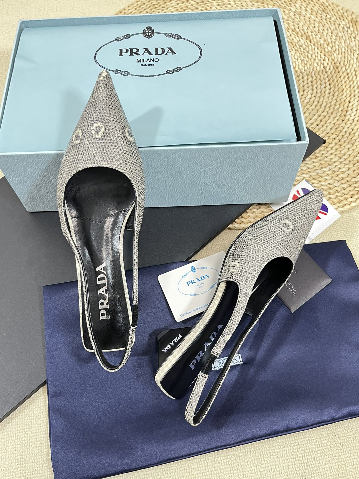 PRA POINTED TOE SLINGBACK PUMPS SNAKESKIN MOTIF SATIN