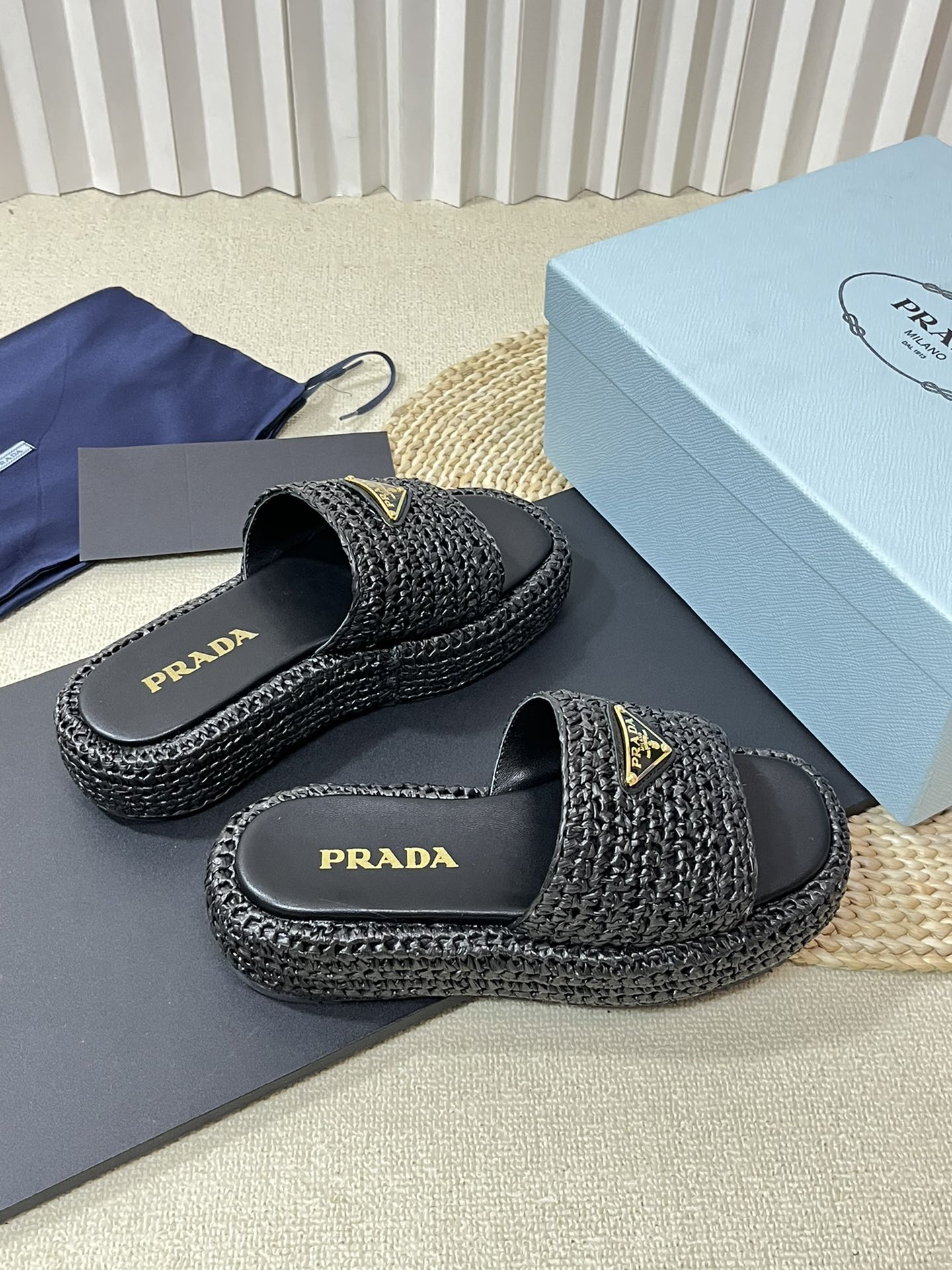 PRA CROCHET FLATFORM SLIDES BLACK RAFFIA