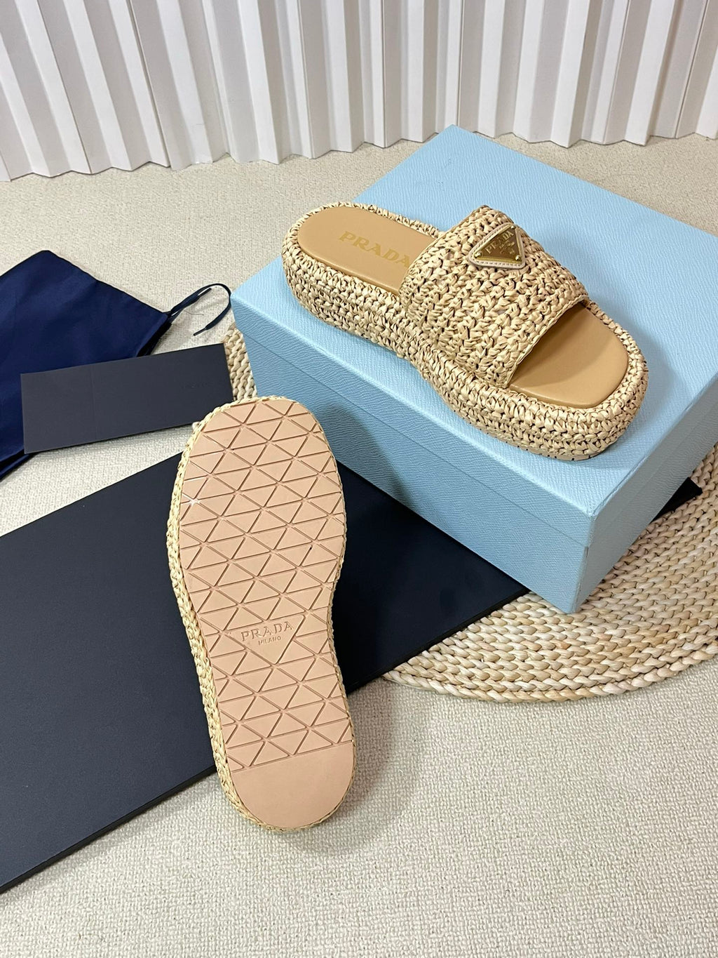 PRA WEDGE FLATFORM SLIDES BEIGE RAFFIA