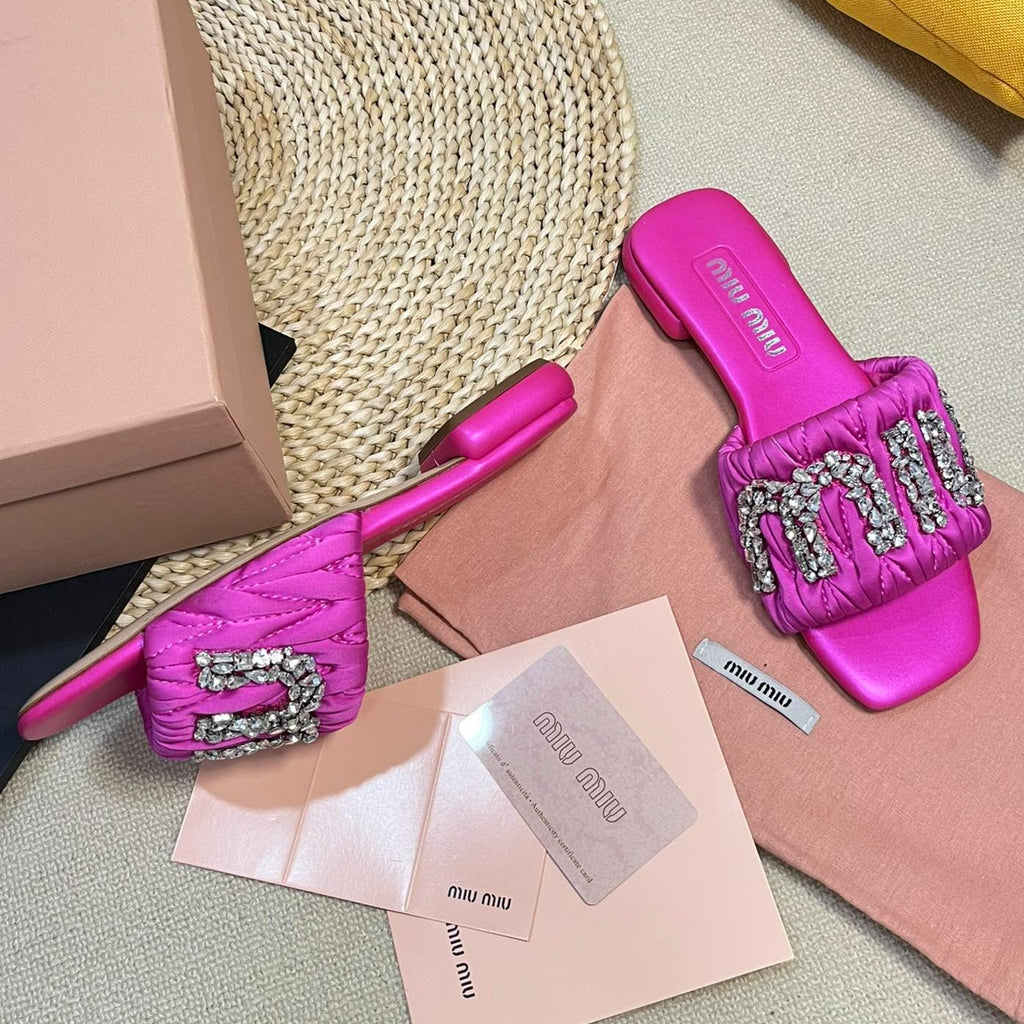 Women's Bright Pink Leather Diamond Slippers