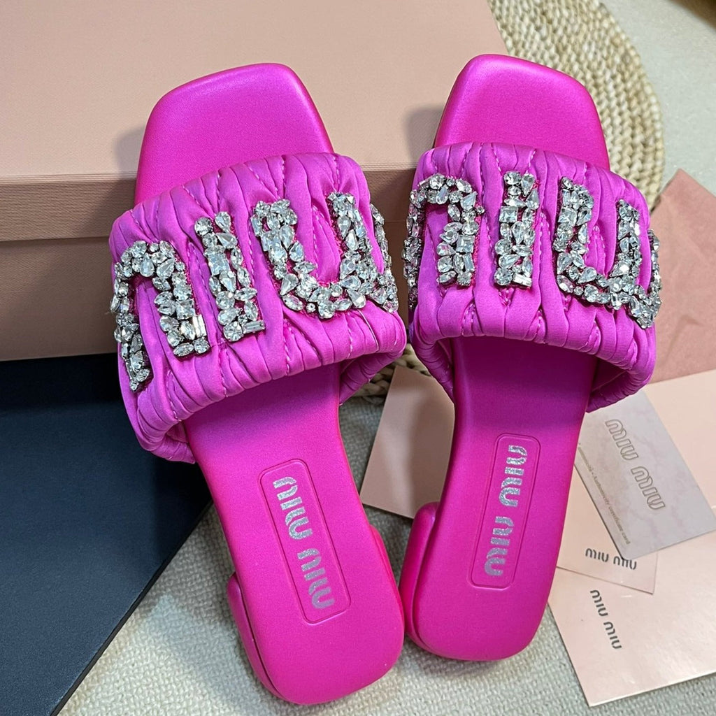 Women's Bright Pink Leather Diamond Slippers