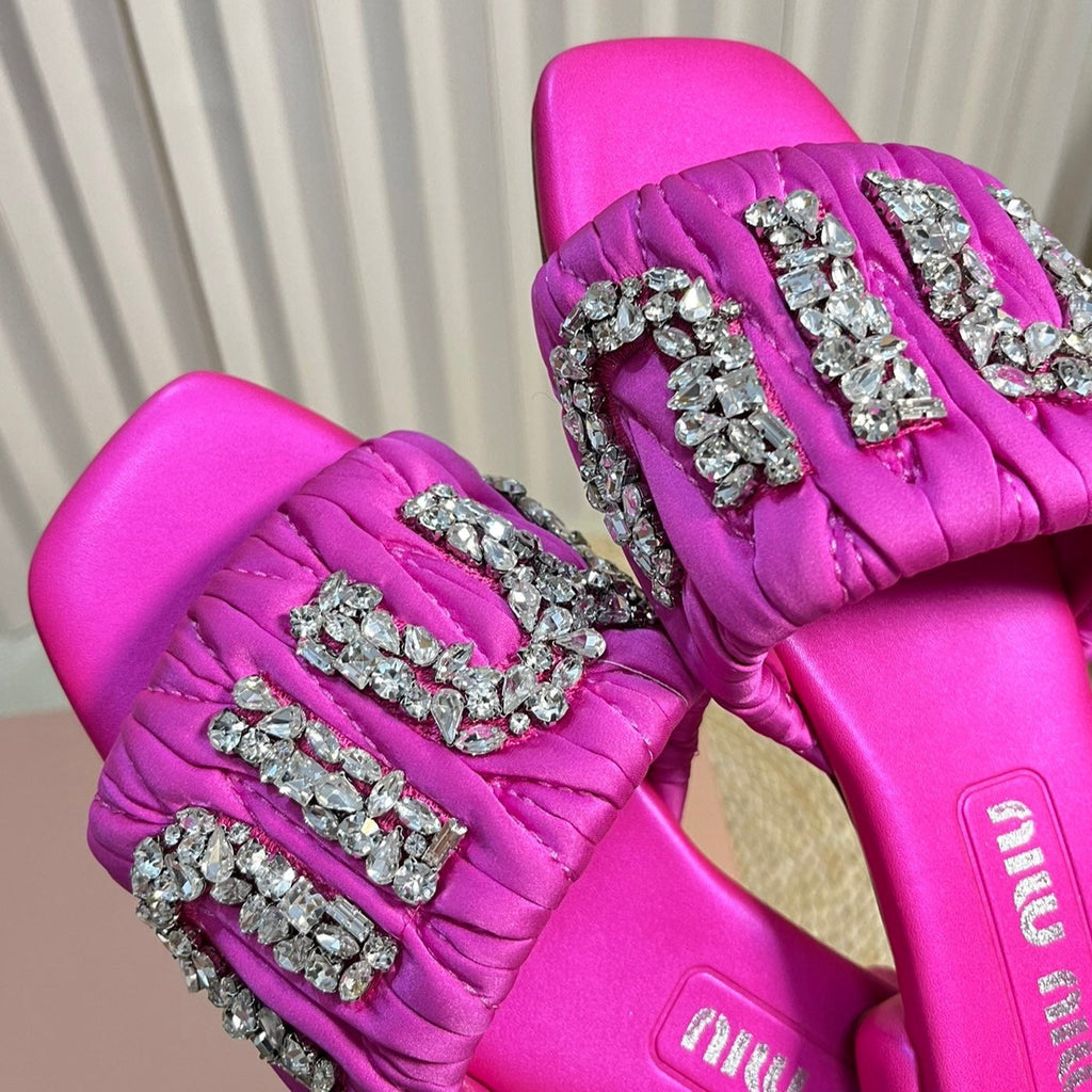 Women's Bright Pink Leather Diamond Slippers