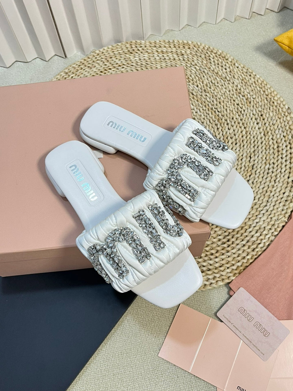 Women's White Leather Diamond Slippers