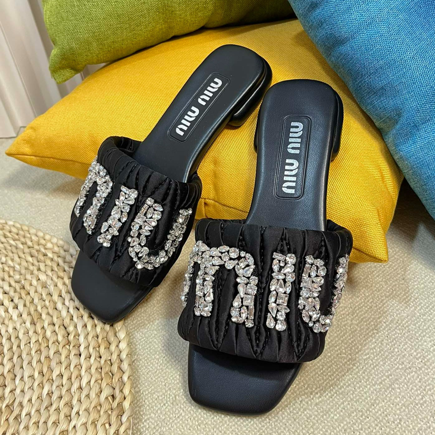 Women's Black Leather Diamond Slippers