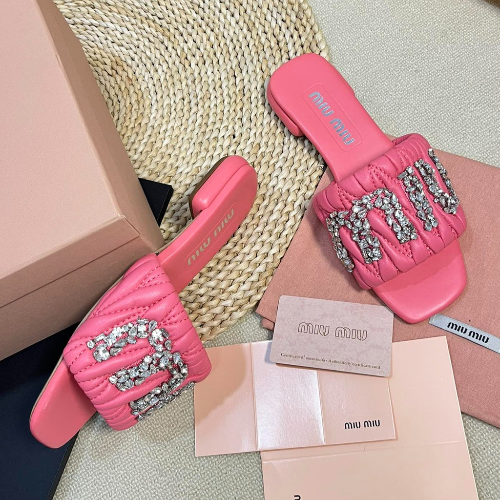 Women's Neon Pink Leather Diamond Slippers