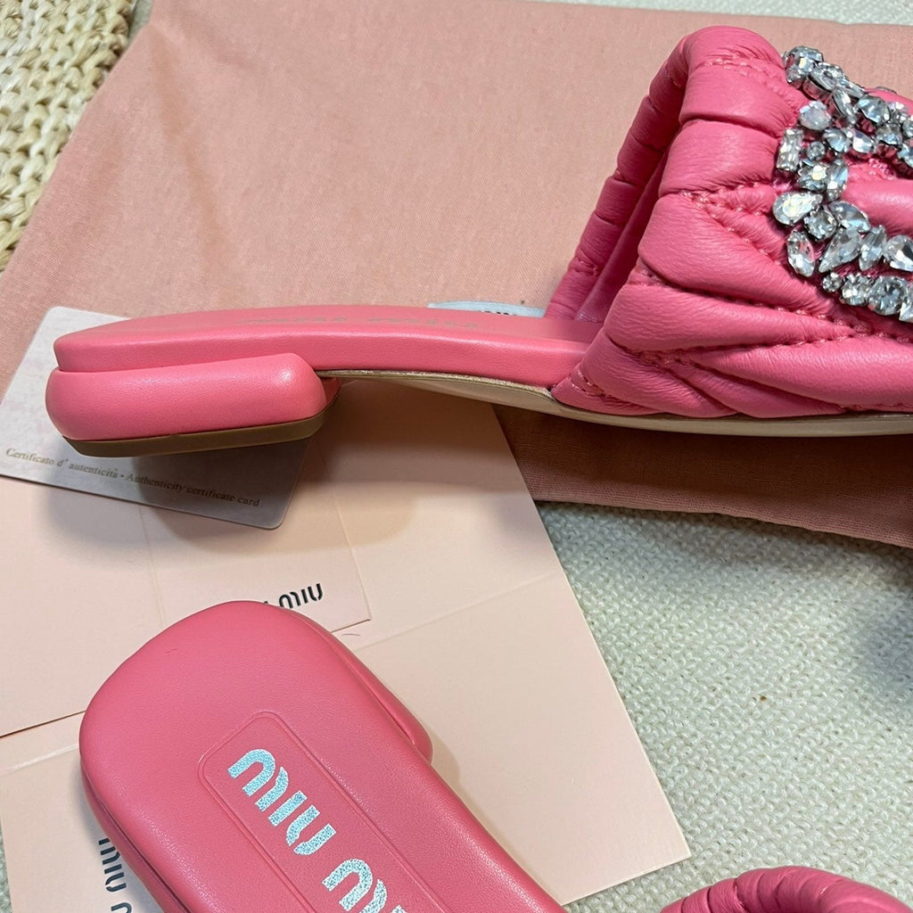 Women's Neon Pink Leather Diamond Slippers