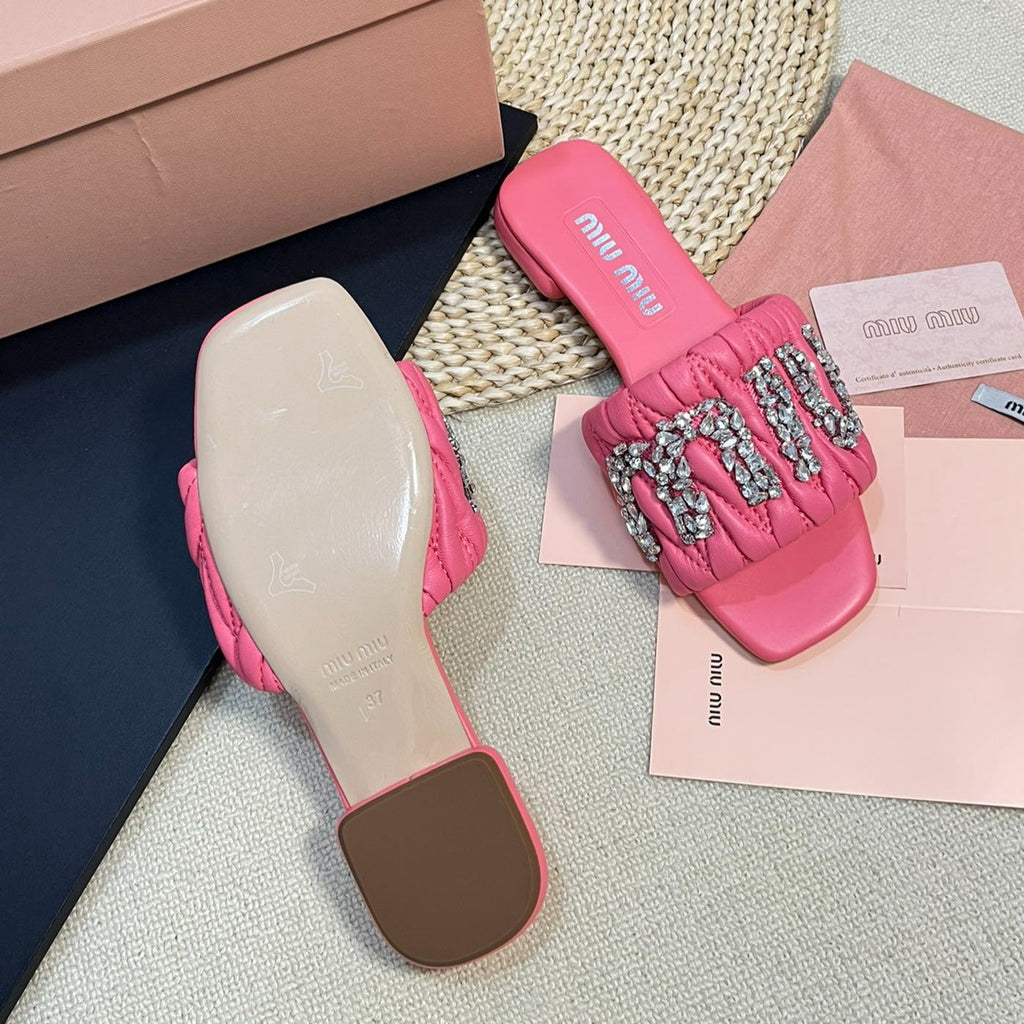 Women's Neon Pink Leather Diamond Slippers