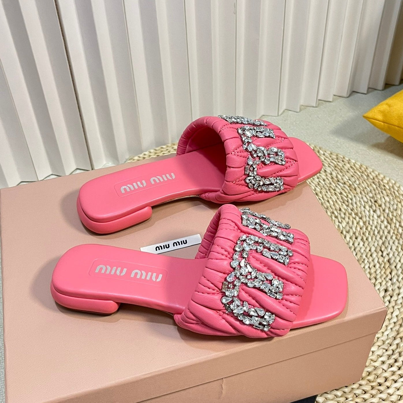 Women's Neon Pink Leather Diamond Slippers