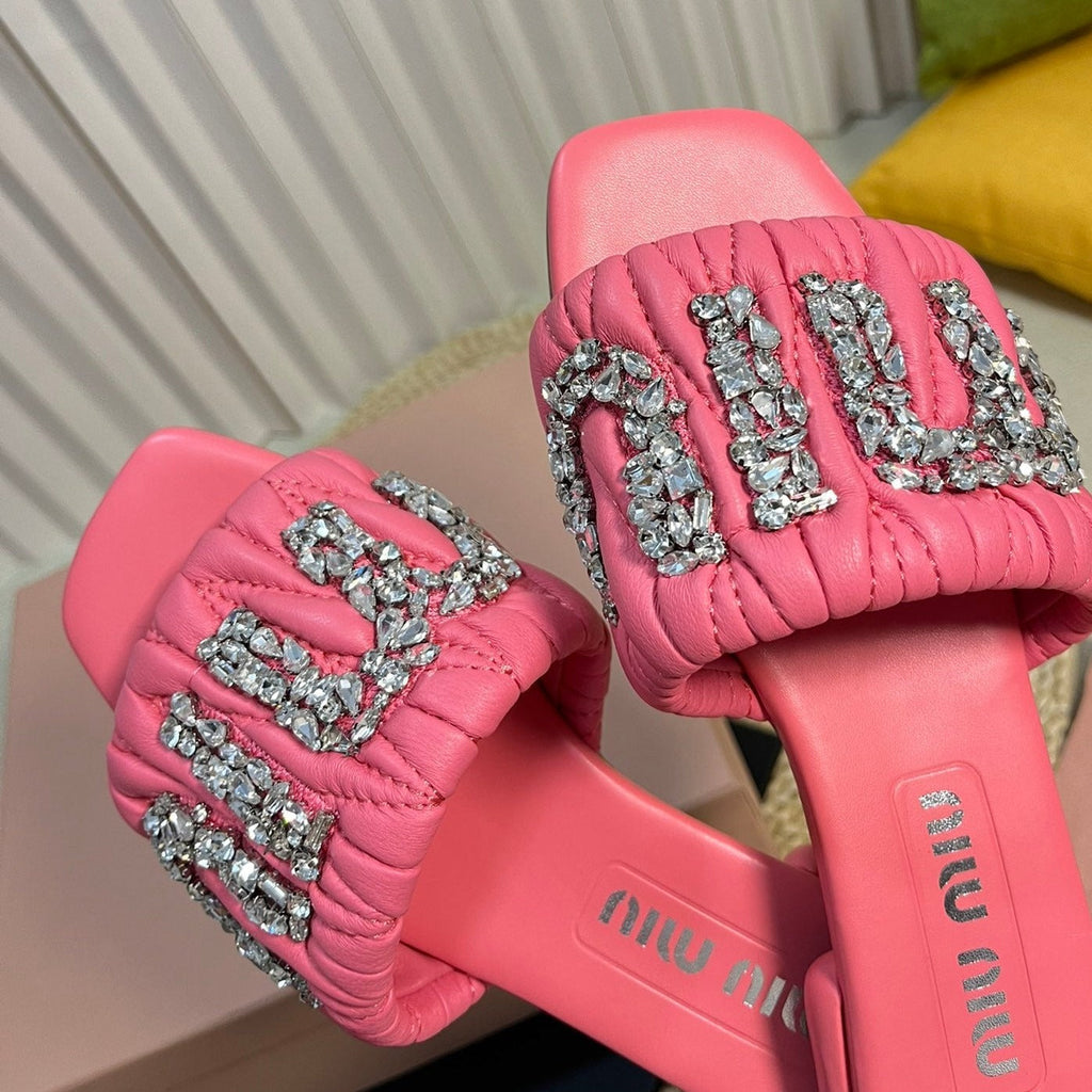 Women's Neon Pink Leather Diamond Slippers