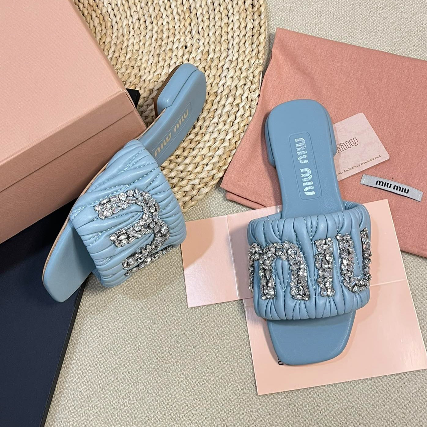 Women's Sky Blue Leather Diamond Slippers