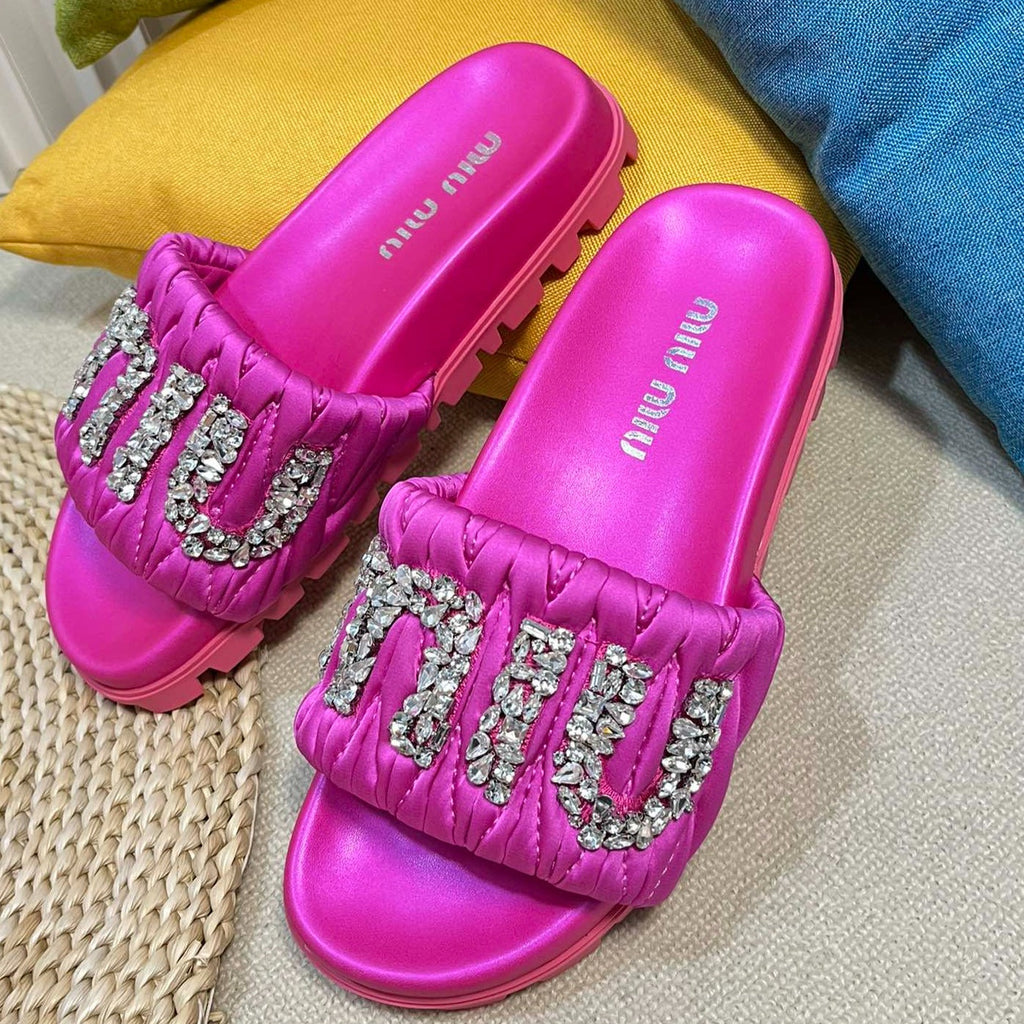 Bright Pink Sheepskin Diamond Slippers