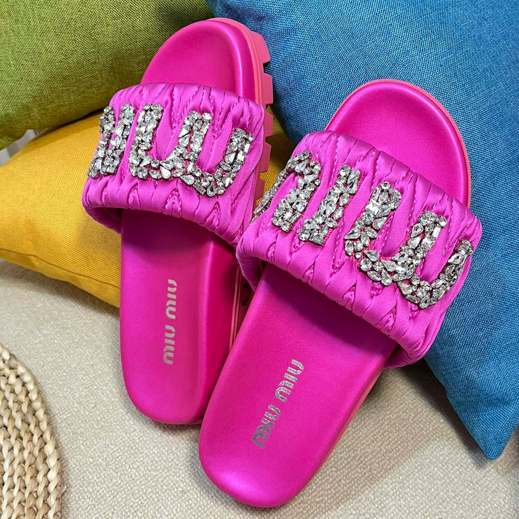 Bright Pink Sheepskin Diamond Slippers