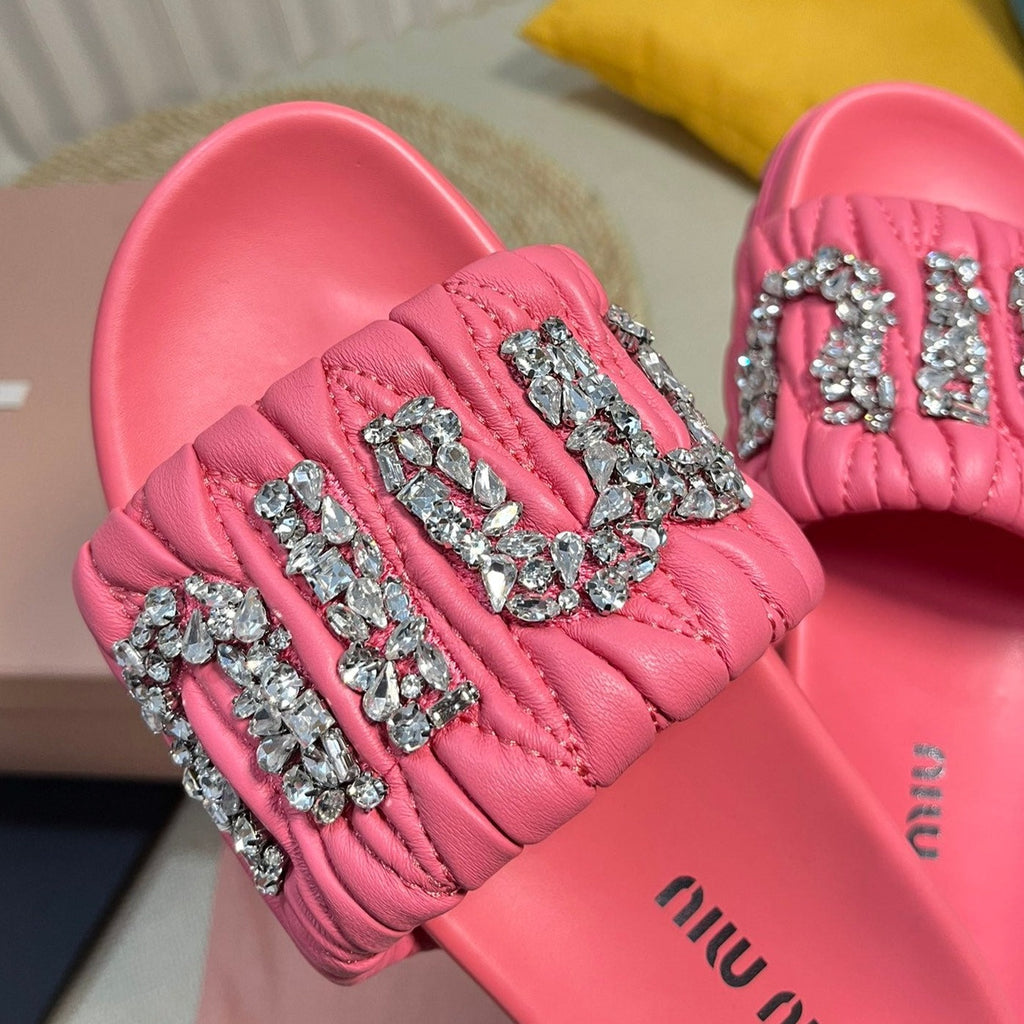 Neon Pink Sheepskin Diamond Slippers