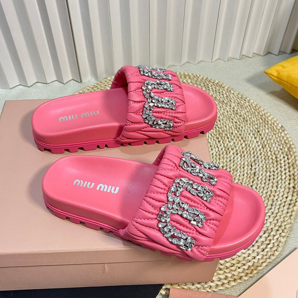 Neon Pink Sheepskin Diamond Slippers