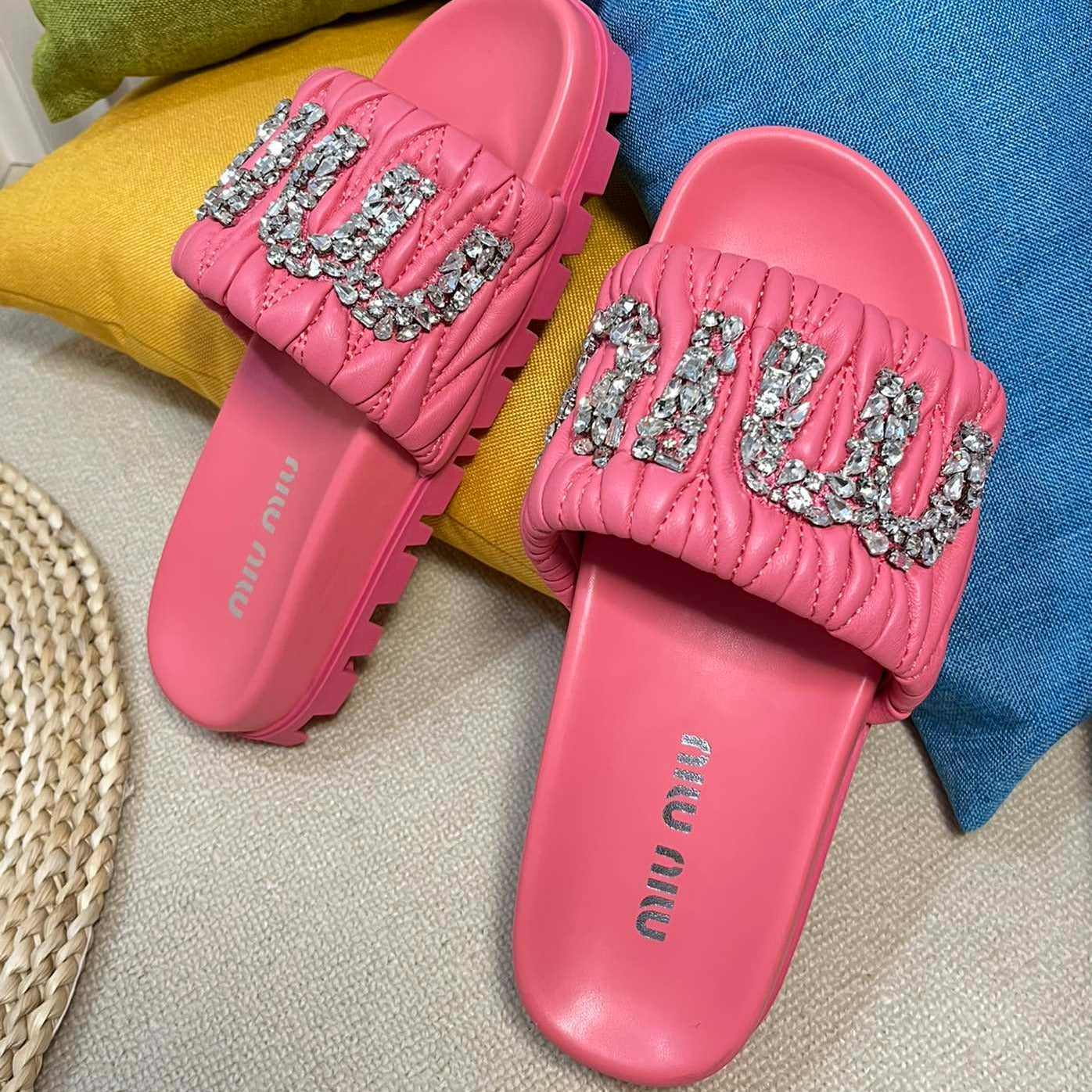 Neon Pink Sheepskin Diamond Slippers