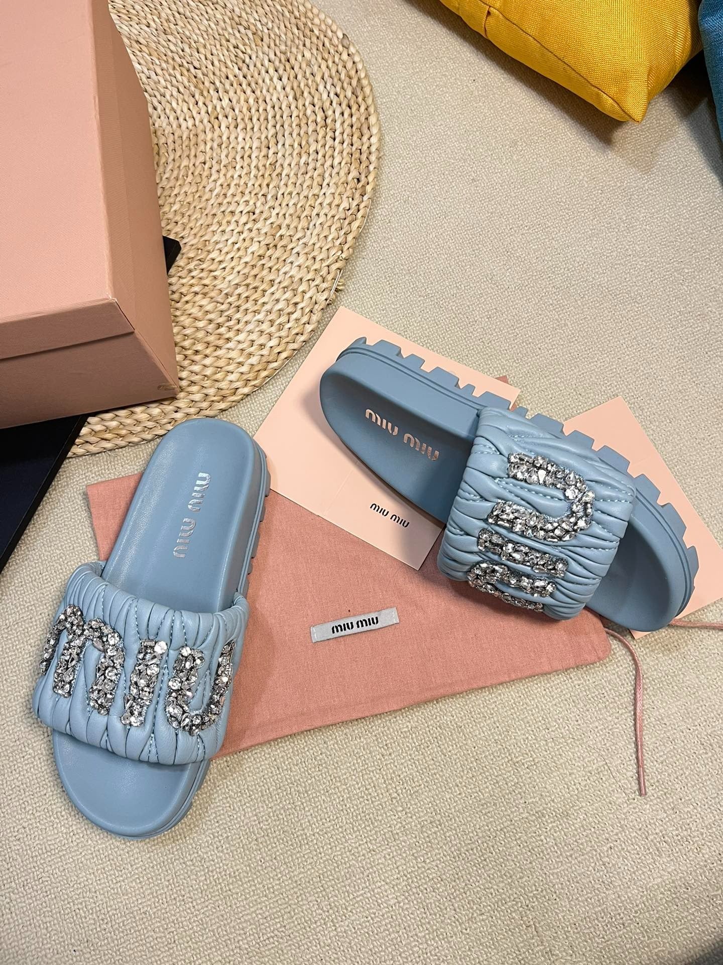 Sky Blue Sheepskin Diamond Slippers