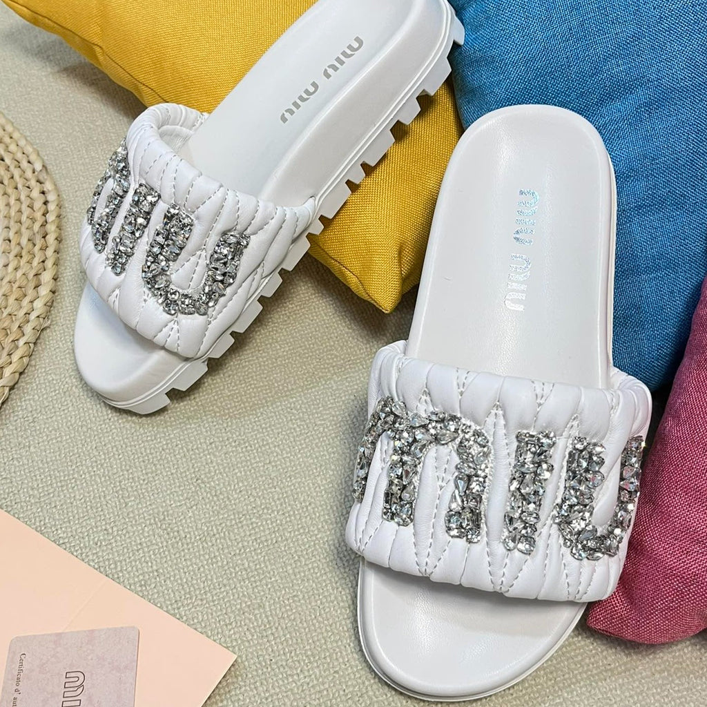 White Sheepskin Diamond Slippers