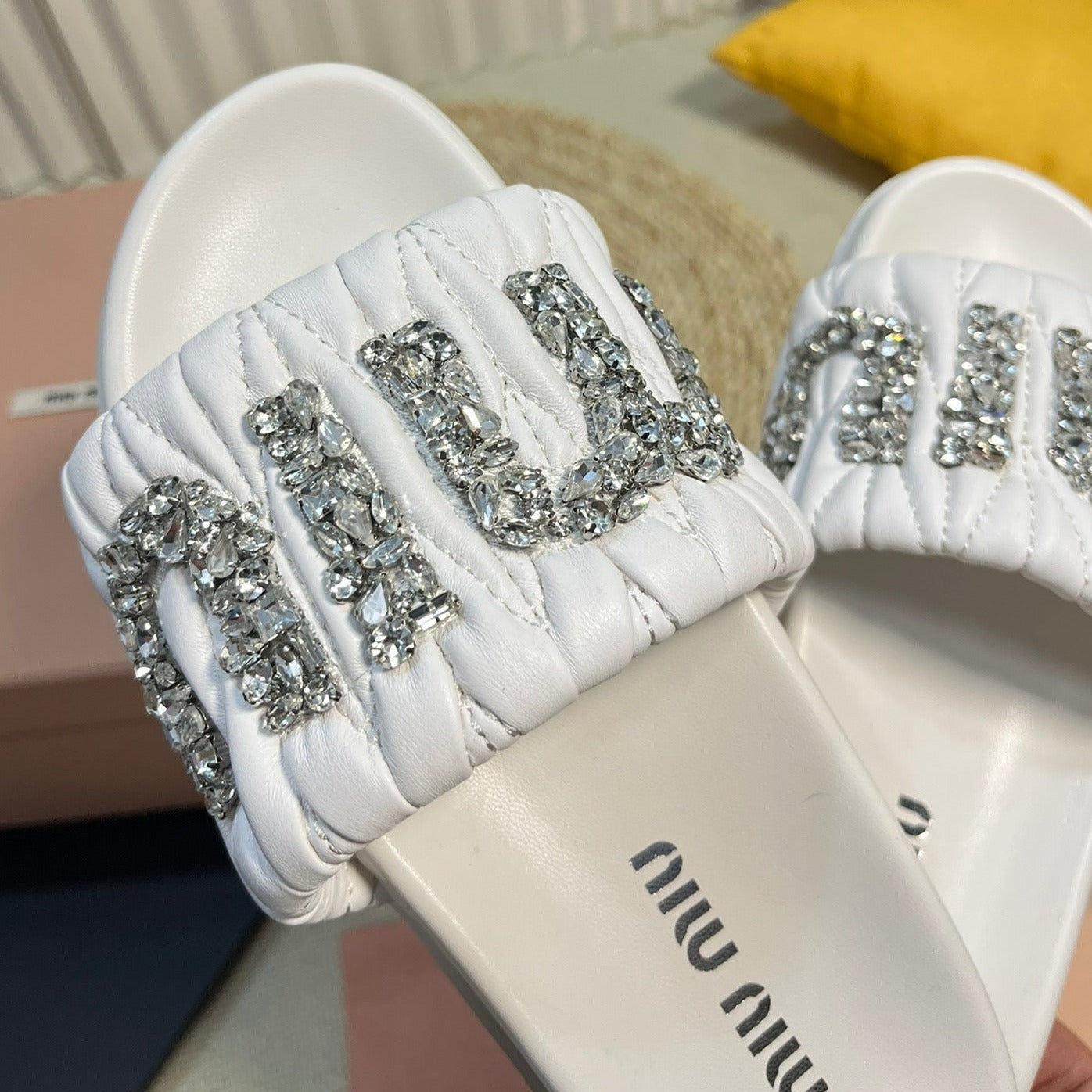 White Sheepskin Diamond Slippers