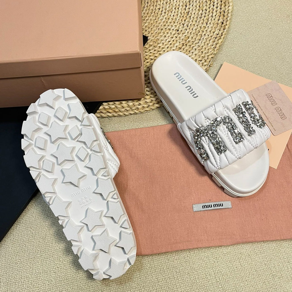 White Sheepskin Diamond Slippers