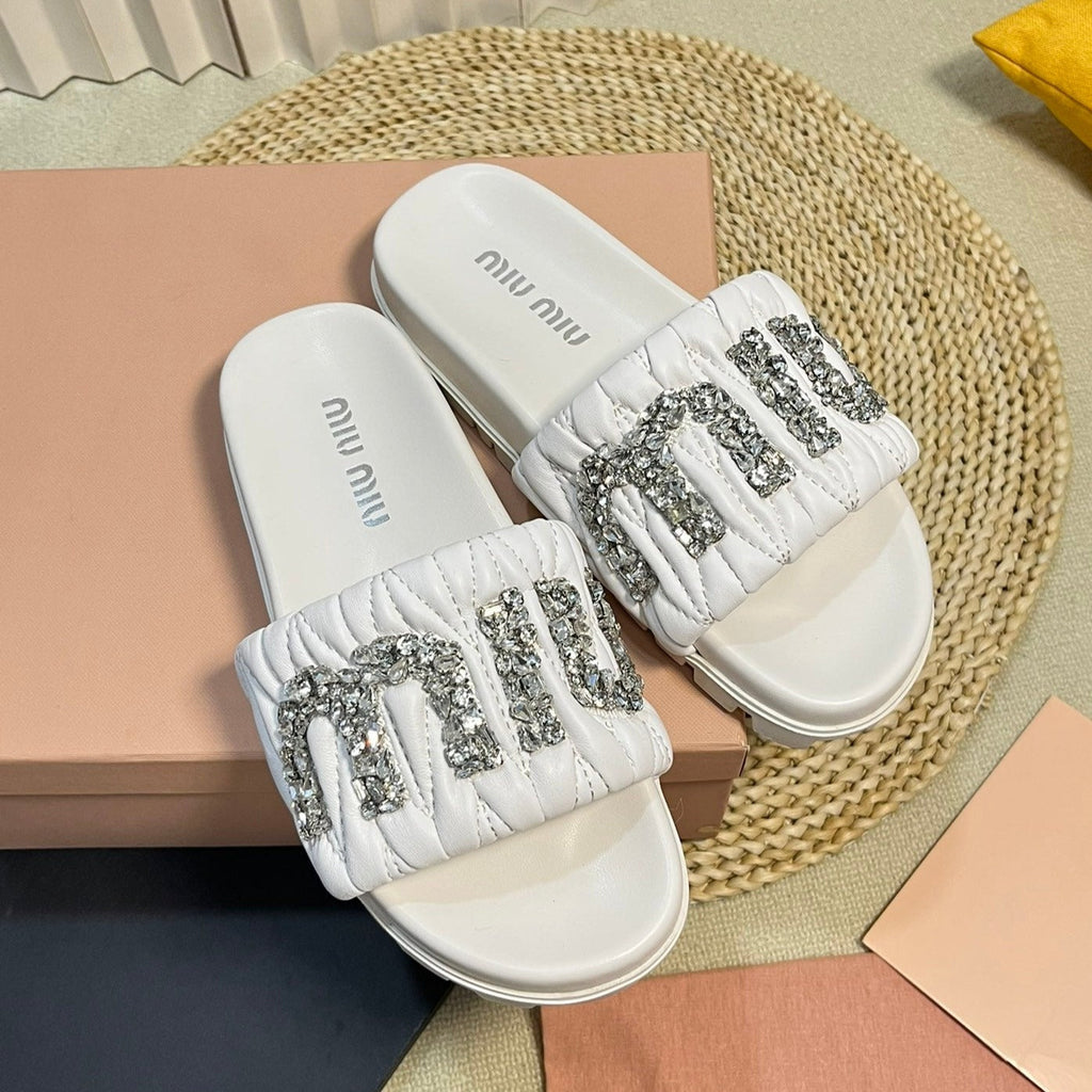 White Sheepskin Diamond Slippers
