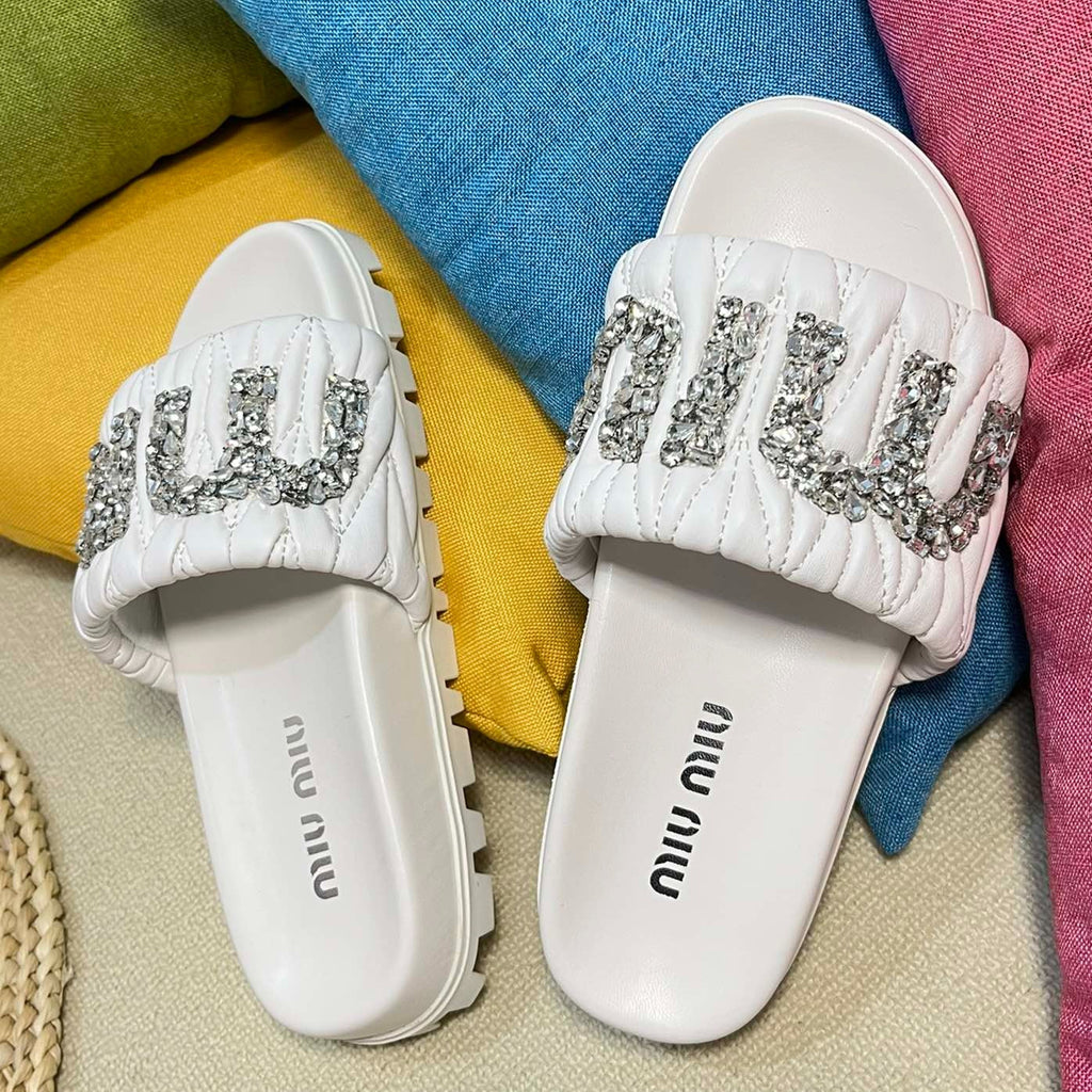 White Sheepskin Diamond Slippers