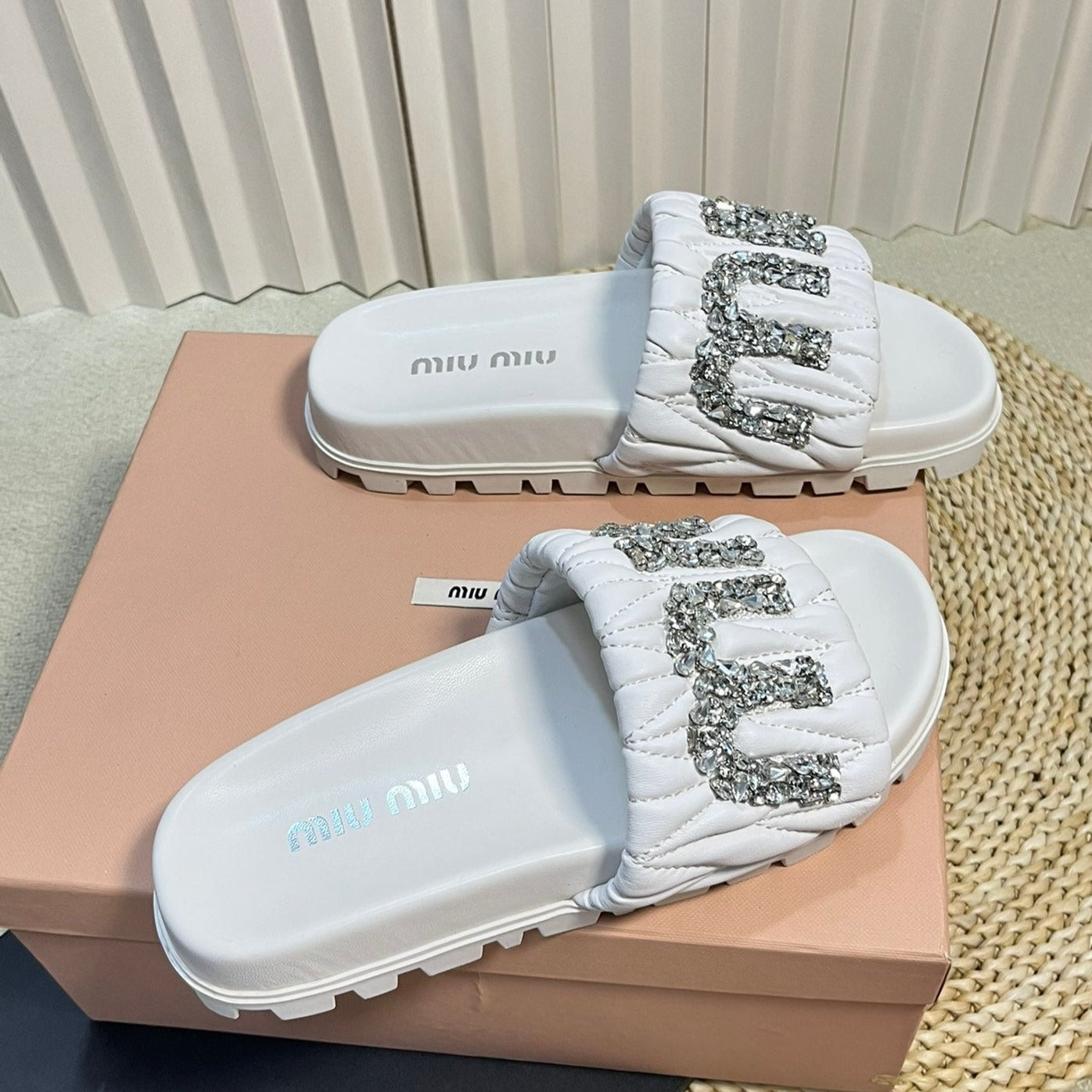 White Sheepskin Diamond Slippers