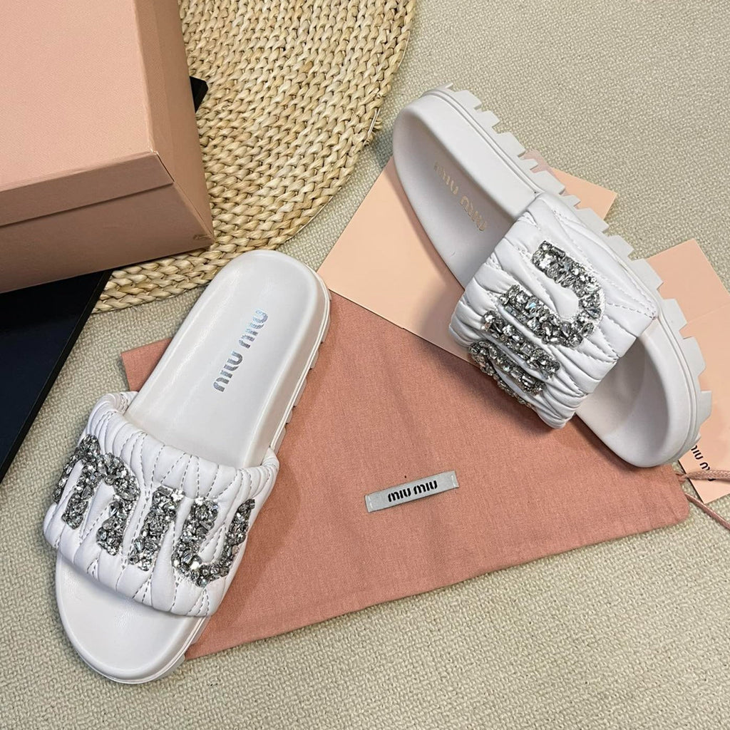 White Sheepskin Diamond Slippers