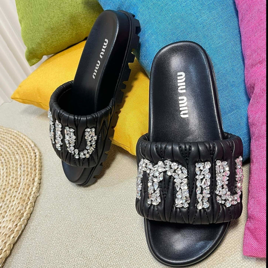 Black Sheepskin Diamond Slippers
