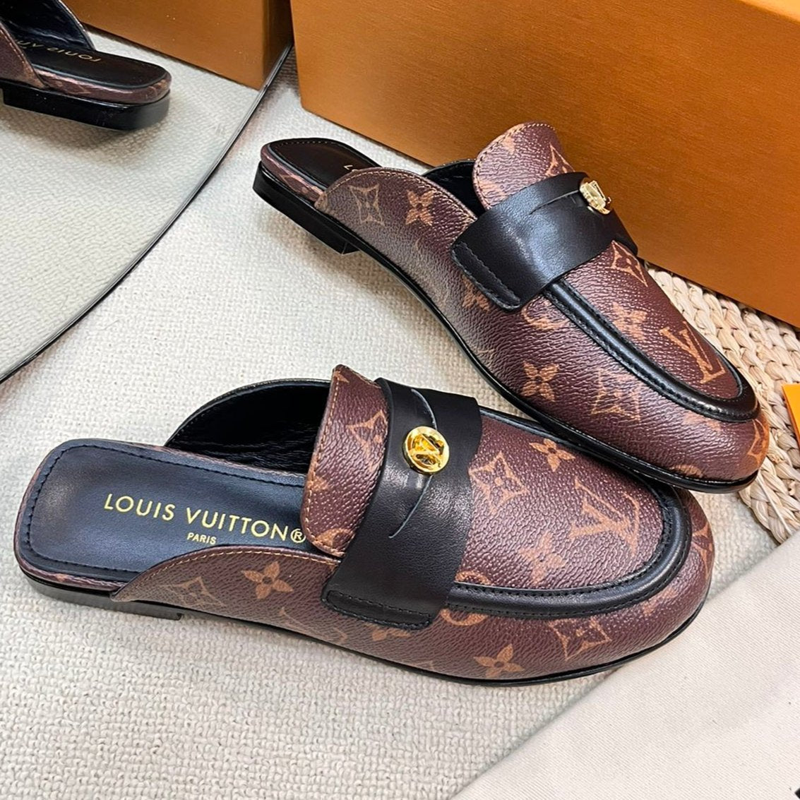 LV CAPRI OPEN BACK LOAFERS IN CHESTNUT BROWN MONOGRAM CALFSKIN