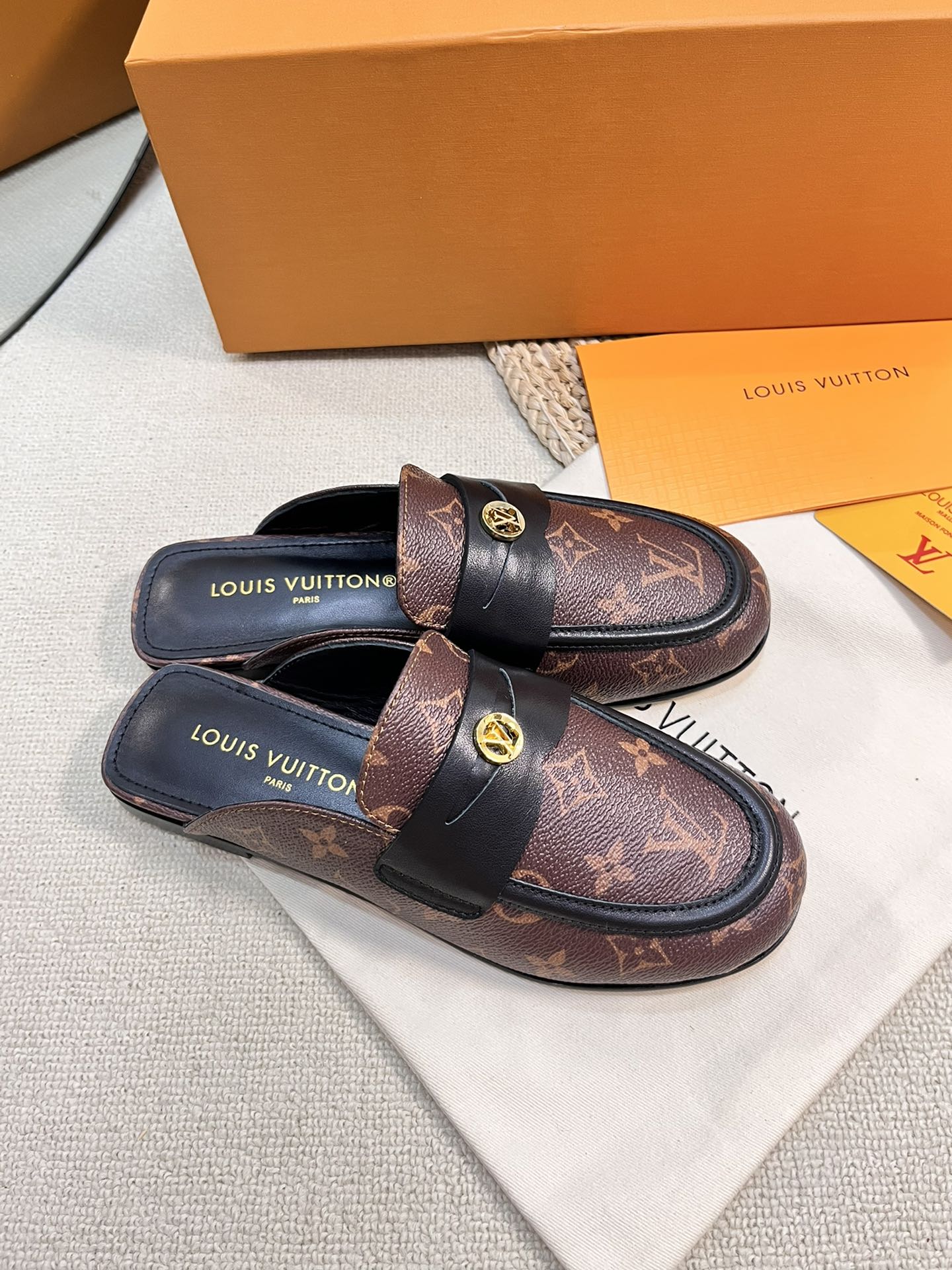 LV CAPRI OPEN BACK LOAFERS IN CHESTNUT BROWN MONOGRAM CALFSKIN