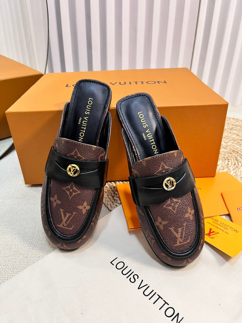 LV CAPRI OPEN BACK LOAFERS IN CHESTNUT BROWN MONOGRAM CALFSKIN