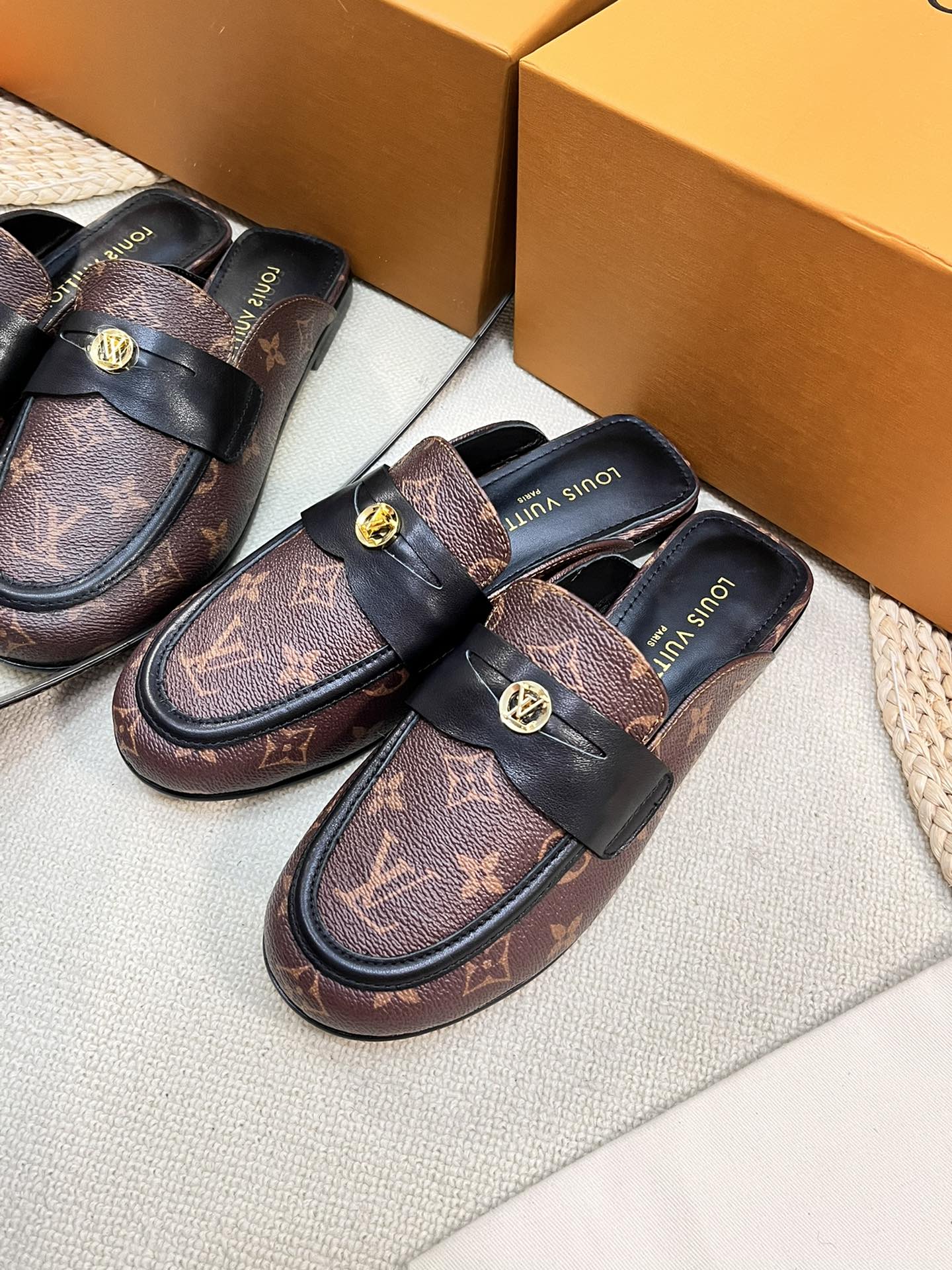 LV CAPRI OPEN BACK LOAFERS IN CHESTNUT BROWN MONOGRAM CALFSKIN