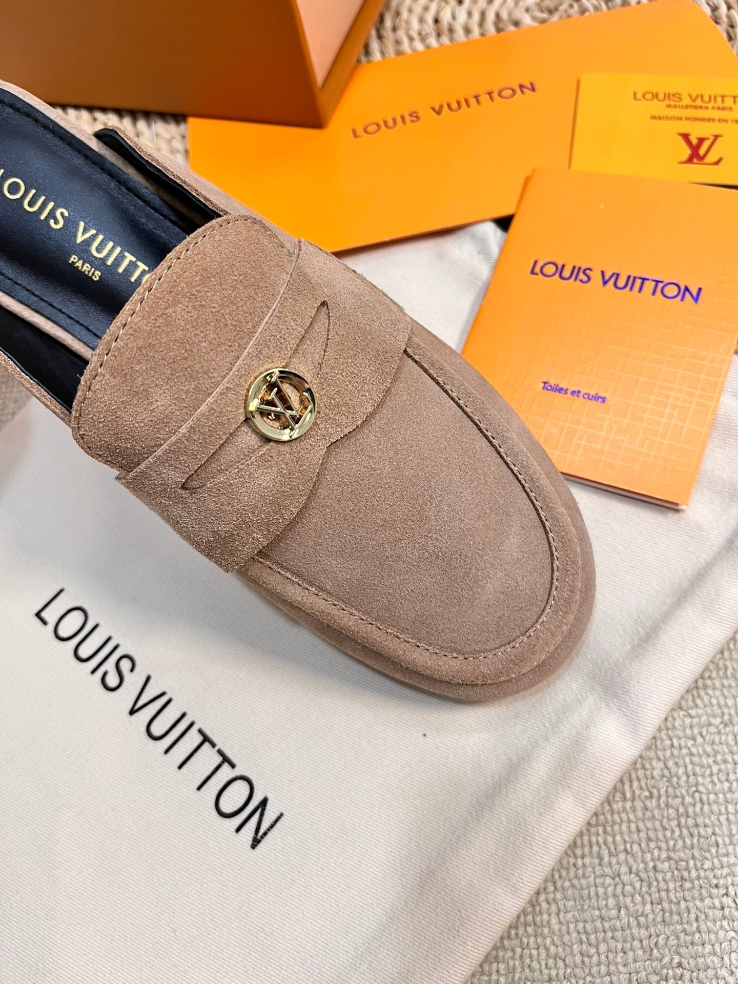LV CAPRI OPEN BACK LOAFERS IN MEDIUM BROWN SUEDE