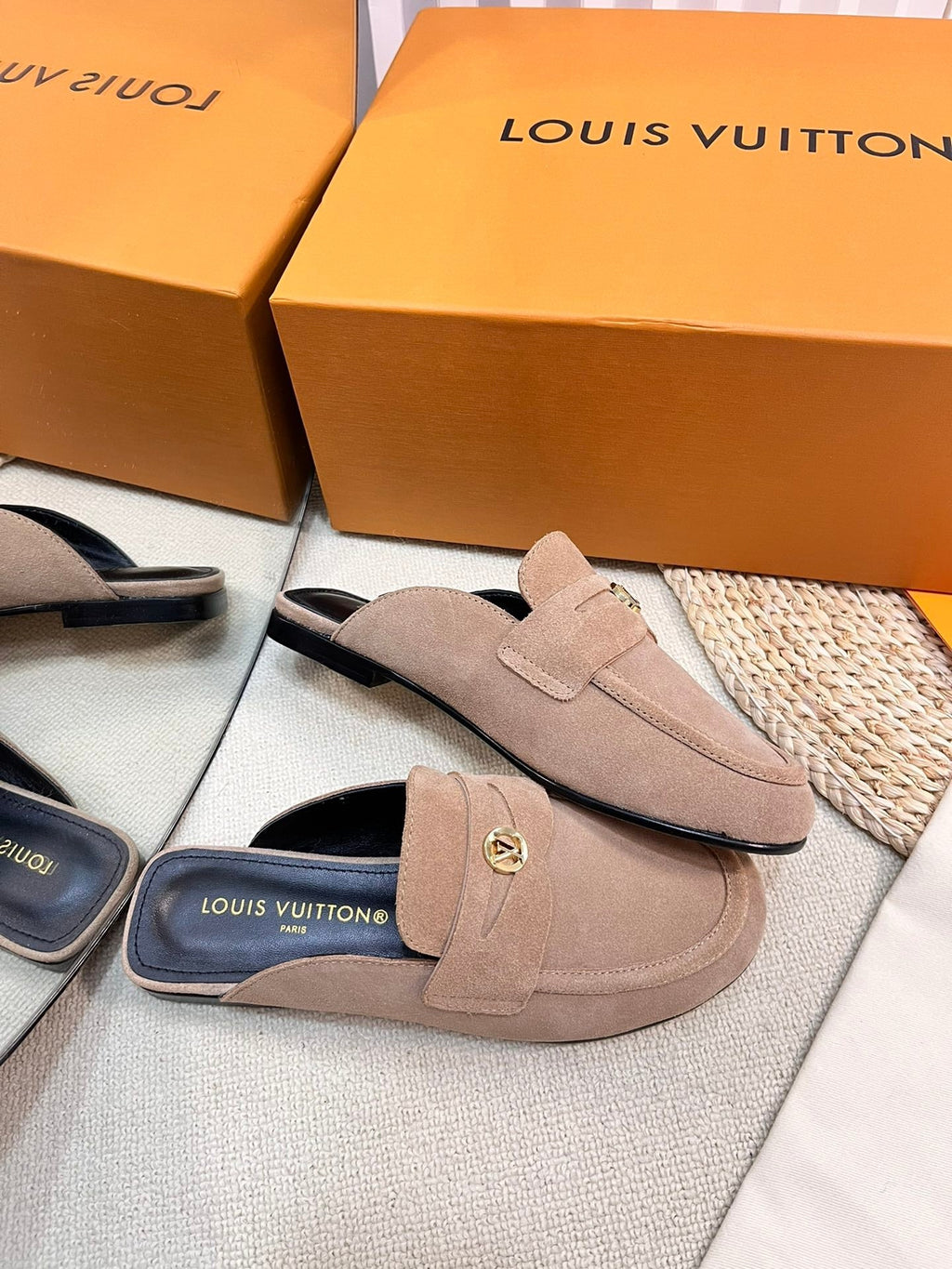 LV CAPRI OPEN BACK LOAFERS IN MEDIUM BROWN SUEDE