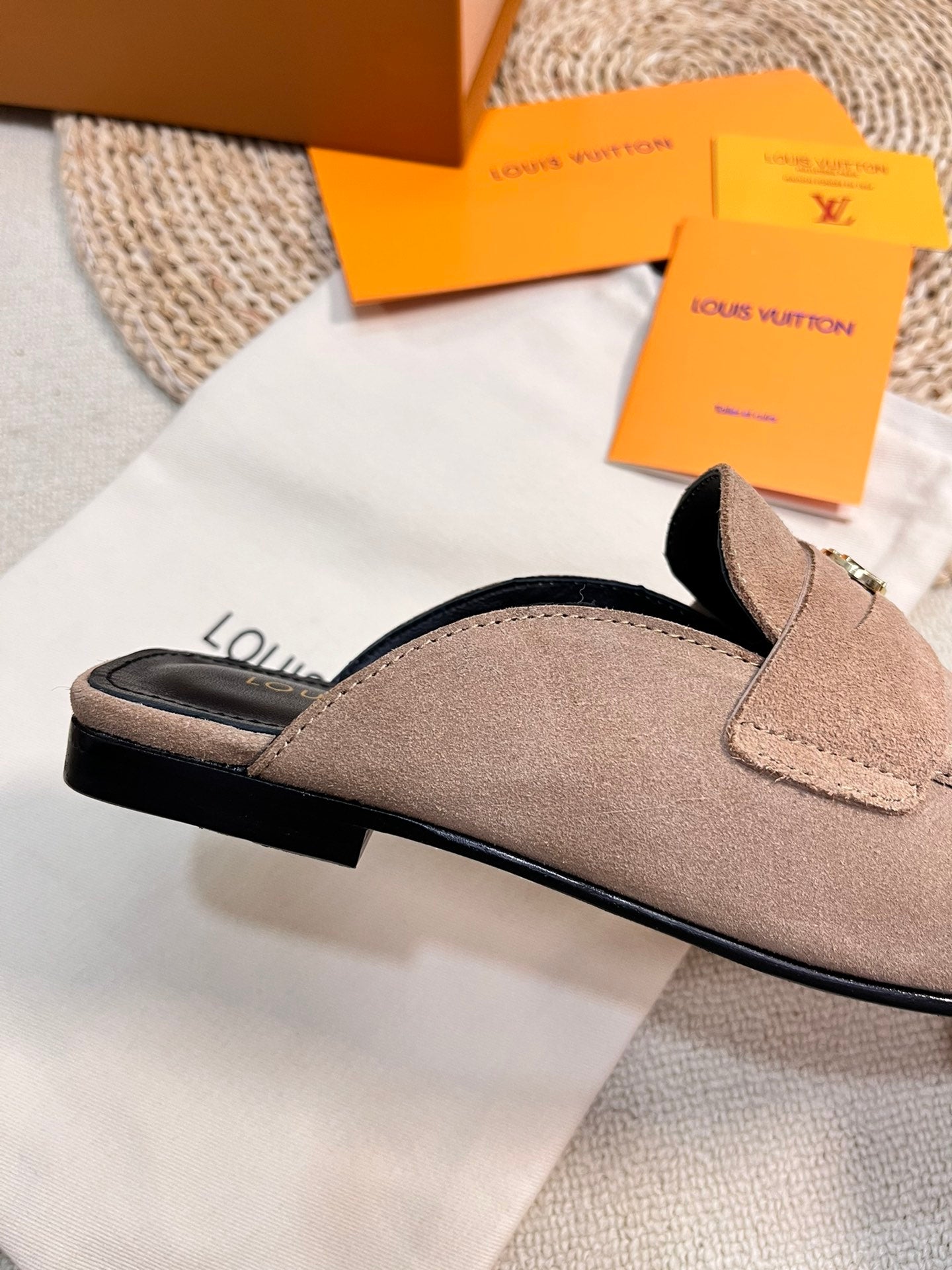 LV CAPRI OPEN BACK LOAFERS IN MEDIUM BROWN SUEDE