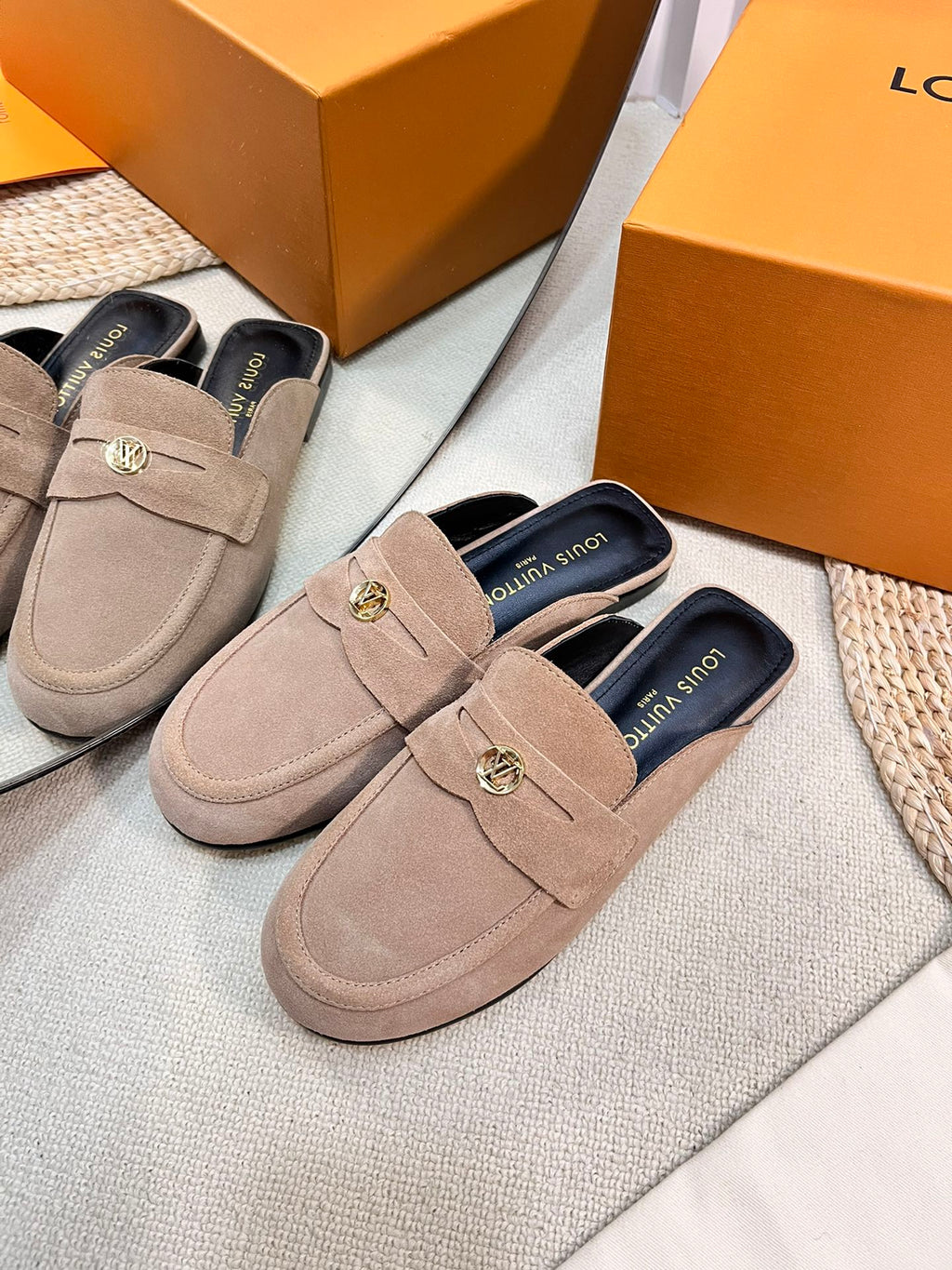 LV CAPRI OPEN BACK LOAFERS IN MEDIUM BROWN SUEDE