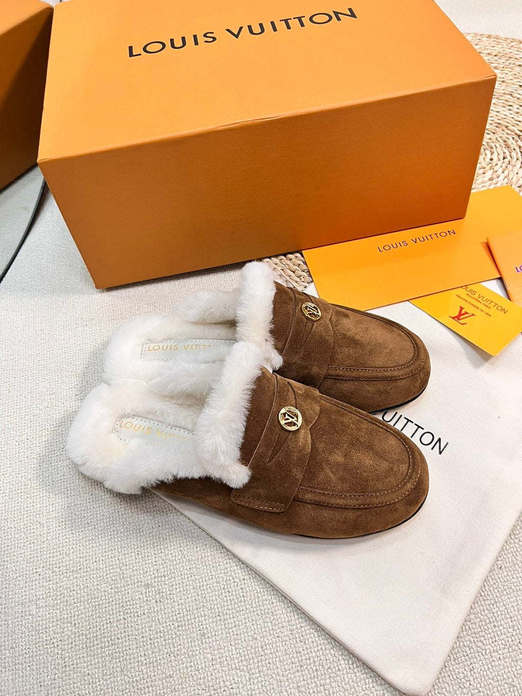 LV COSY FLAT COMFORT CLOG IN RUSSET BROWN SUEDE AND SHEARLING LINING