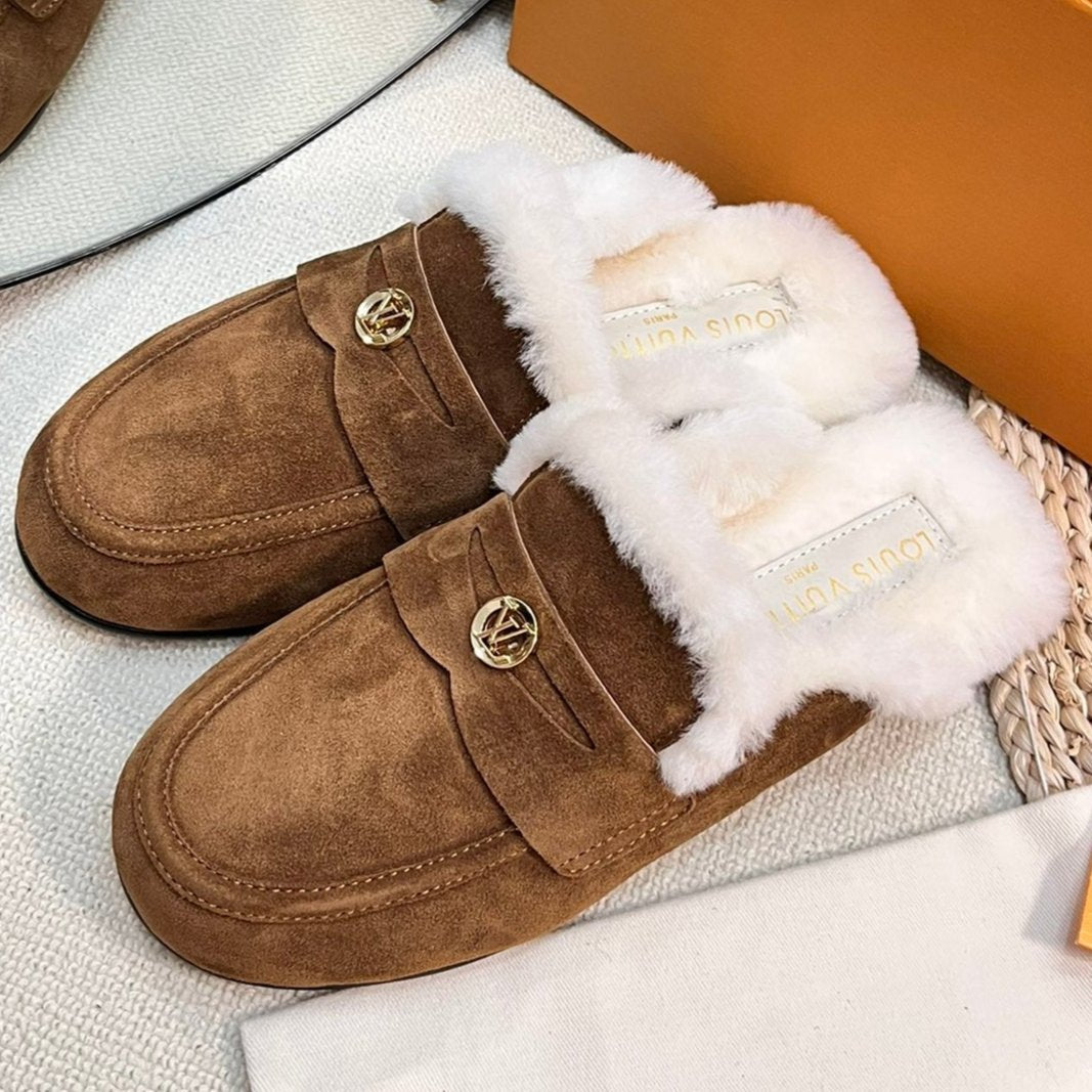 LV COSY FLAT COMFORT CLOG IN RUSSET BROWN SUEDE AND SHEARLING LINING