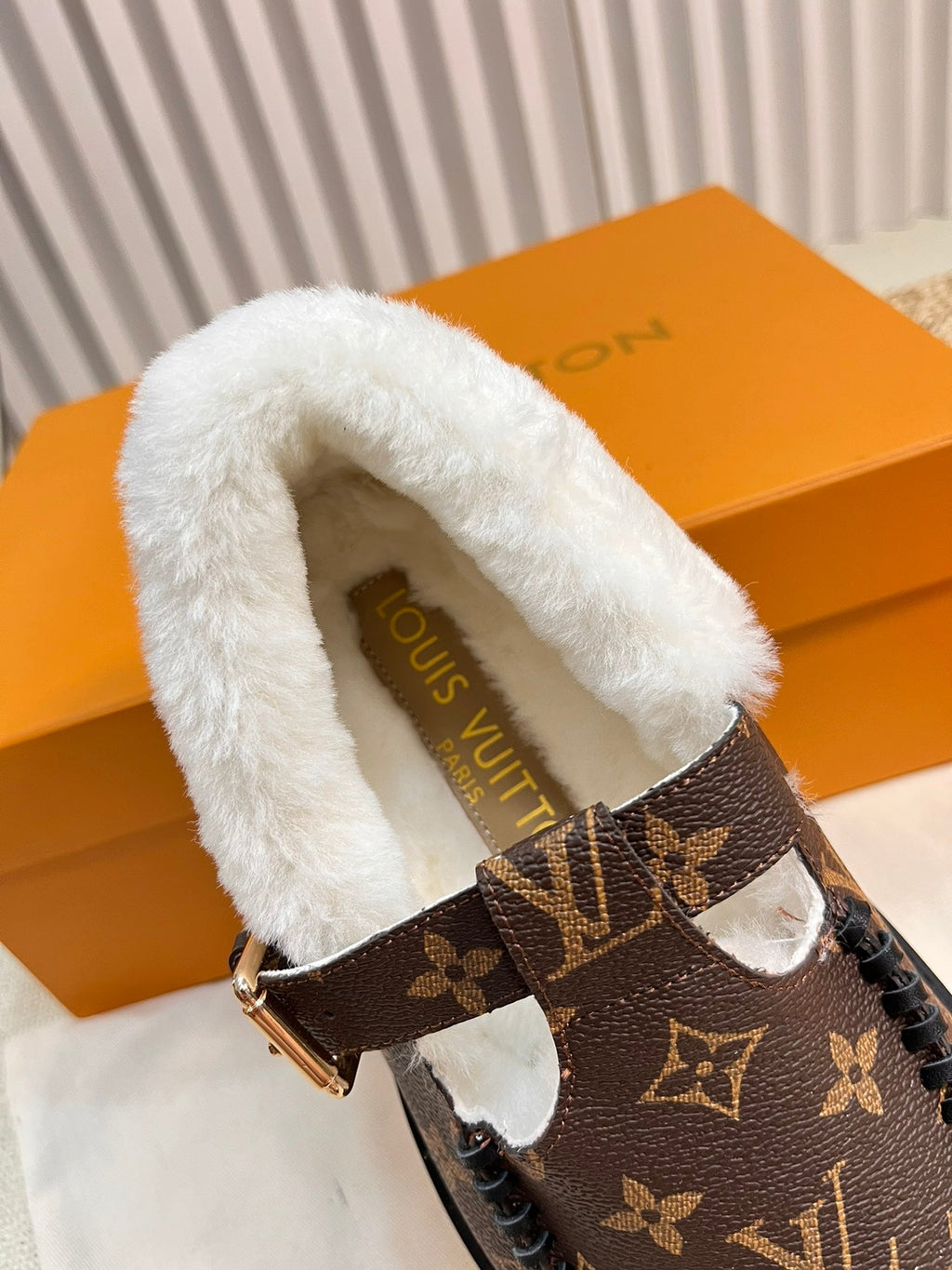 COLORADO COMFORT MARY JANE IN CHOCOLATE BROWN MONOGRAM CALFSKIN AND SHEARLING LINING