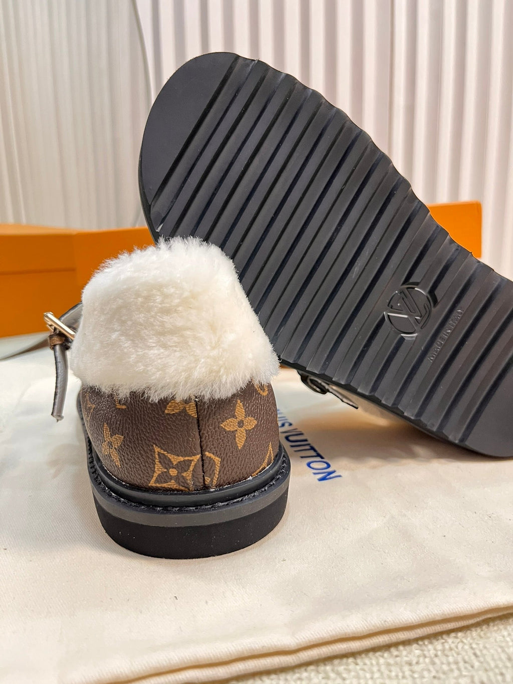 COLORADO COMFORT MARY JANE IN CHOCOLATE BROWN MONOGRAM CALFSKIN AND SHEARLING LINING