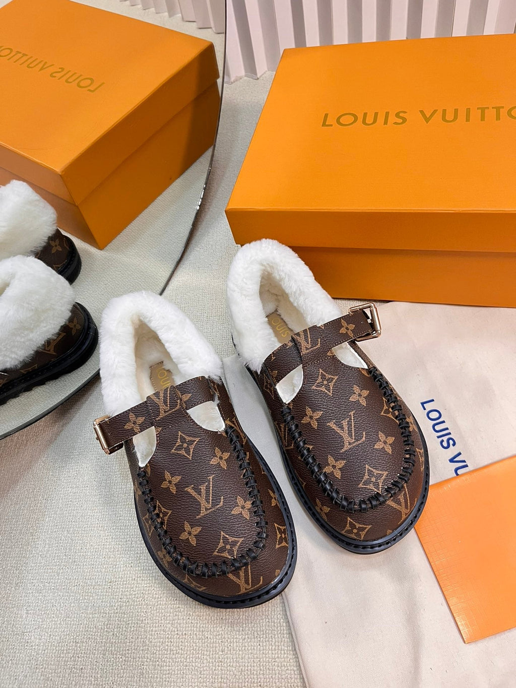 COLORADO COMFORT MARY JANE IN CHOCOLATE BROWN MONOGRAM CALFSKIN AND SHEARLING LINING