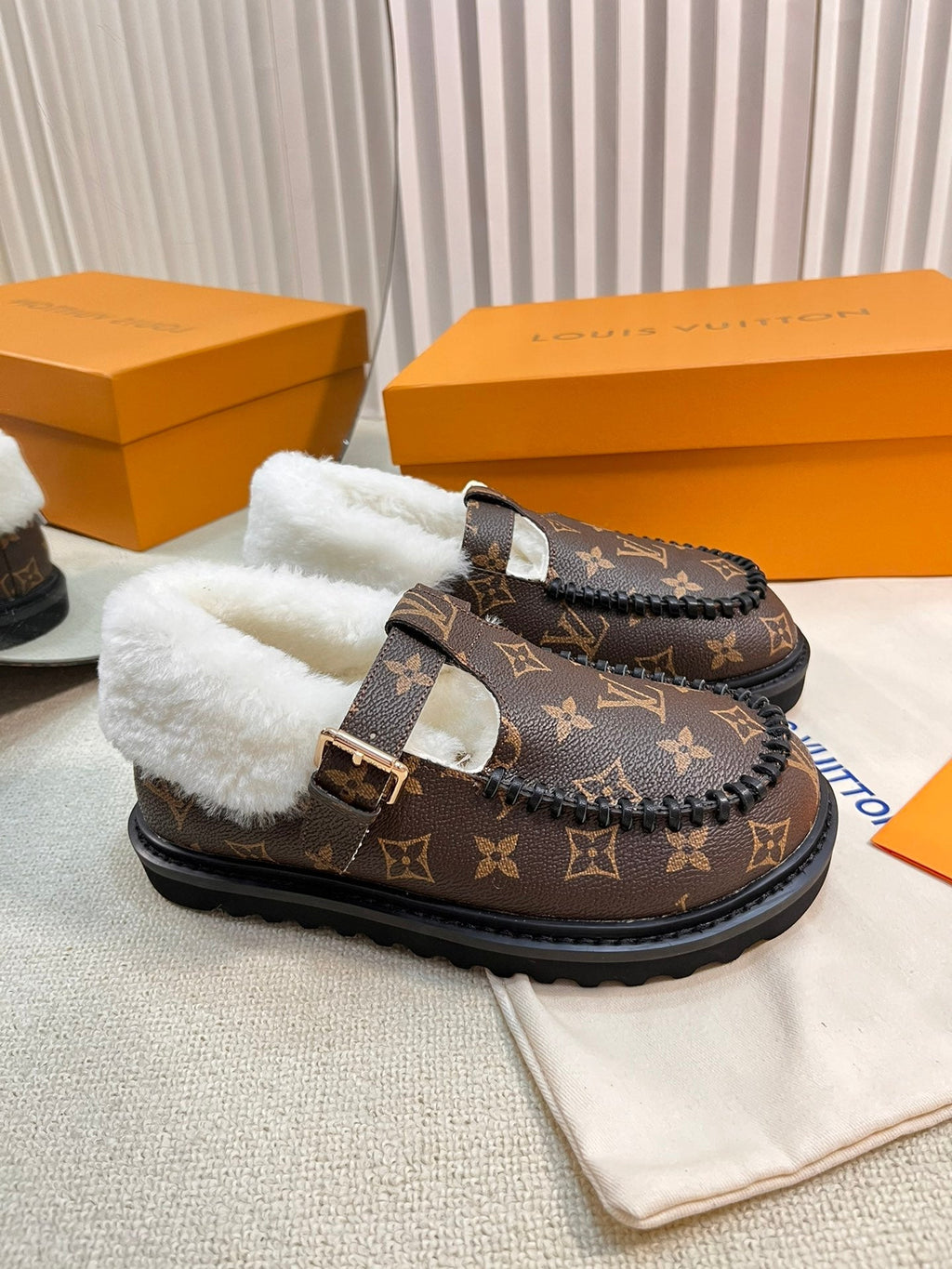 COLORADO COMFORT MARY JANE IN CHOCOLATE BROWN MONOGRAM CALFSKIN AND SHEARLING LINING