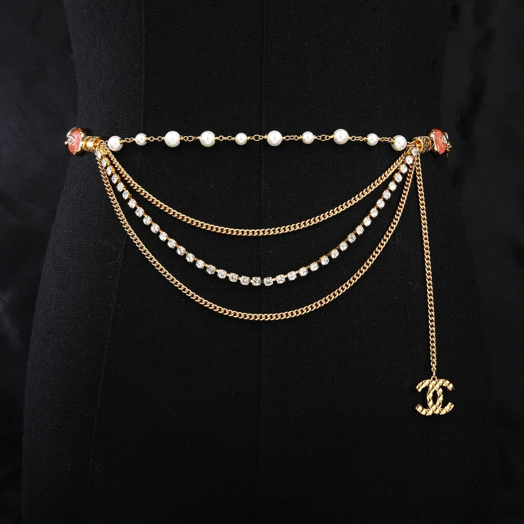 CHANEL 25S GOLD CHAIN BELT WITH PEARL 611794