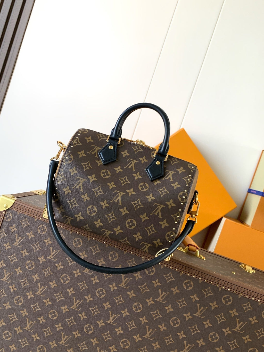 LV 25S SPEEDY TRUNK BAG 27 IN BROWN MONOGRAM COATED CANVAS AND BLACK CALFSKIN