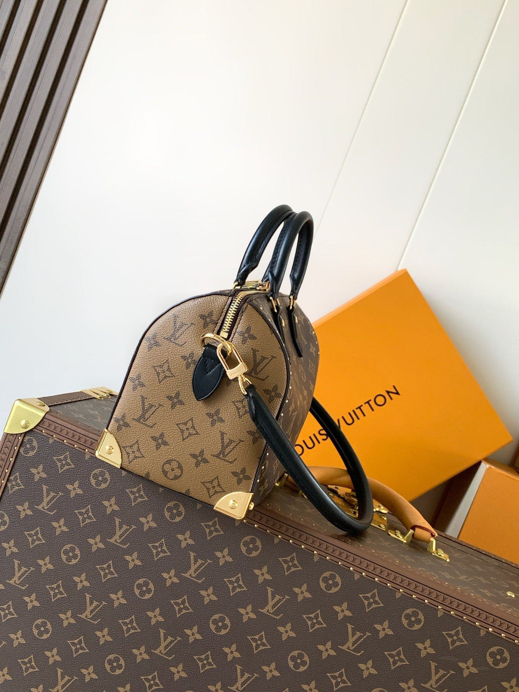 LV 25S SPEEDY TRUNK BAG 27 IN BROWN MONOGRAM COATED CANVAS AND BLACK CALFSKIN