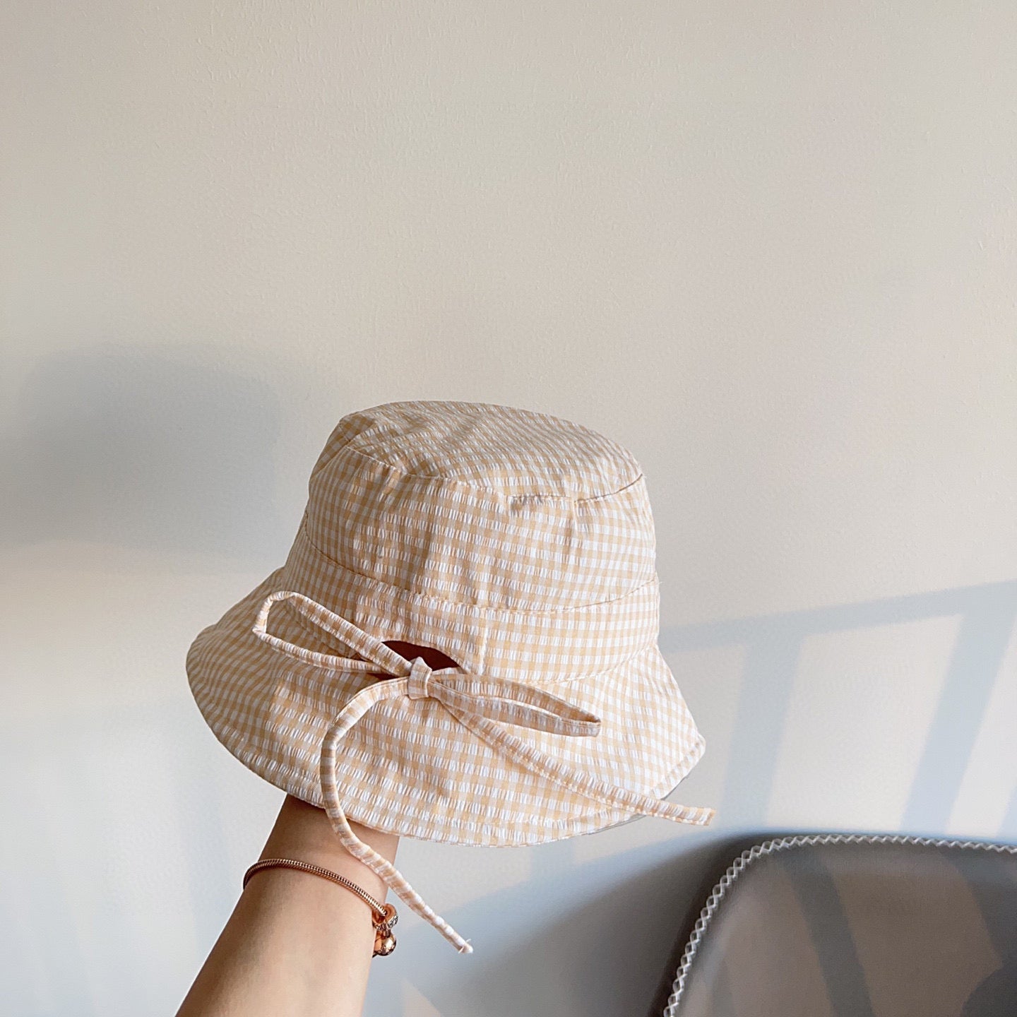 BUCKET HAT MODEL 652076 IN ORANGE & WHITE GINGHAM FABRIC