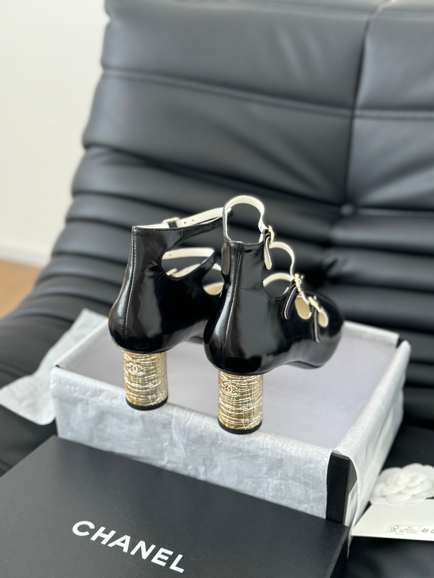 CC MARY JANE SHOES THREE STRAPS BLACK LAMBSKIN WITH GOLD HARDWARE